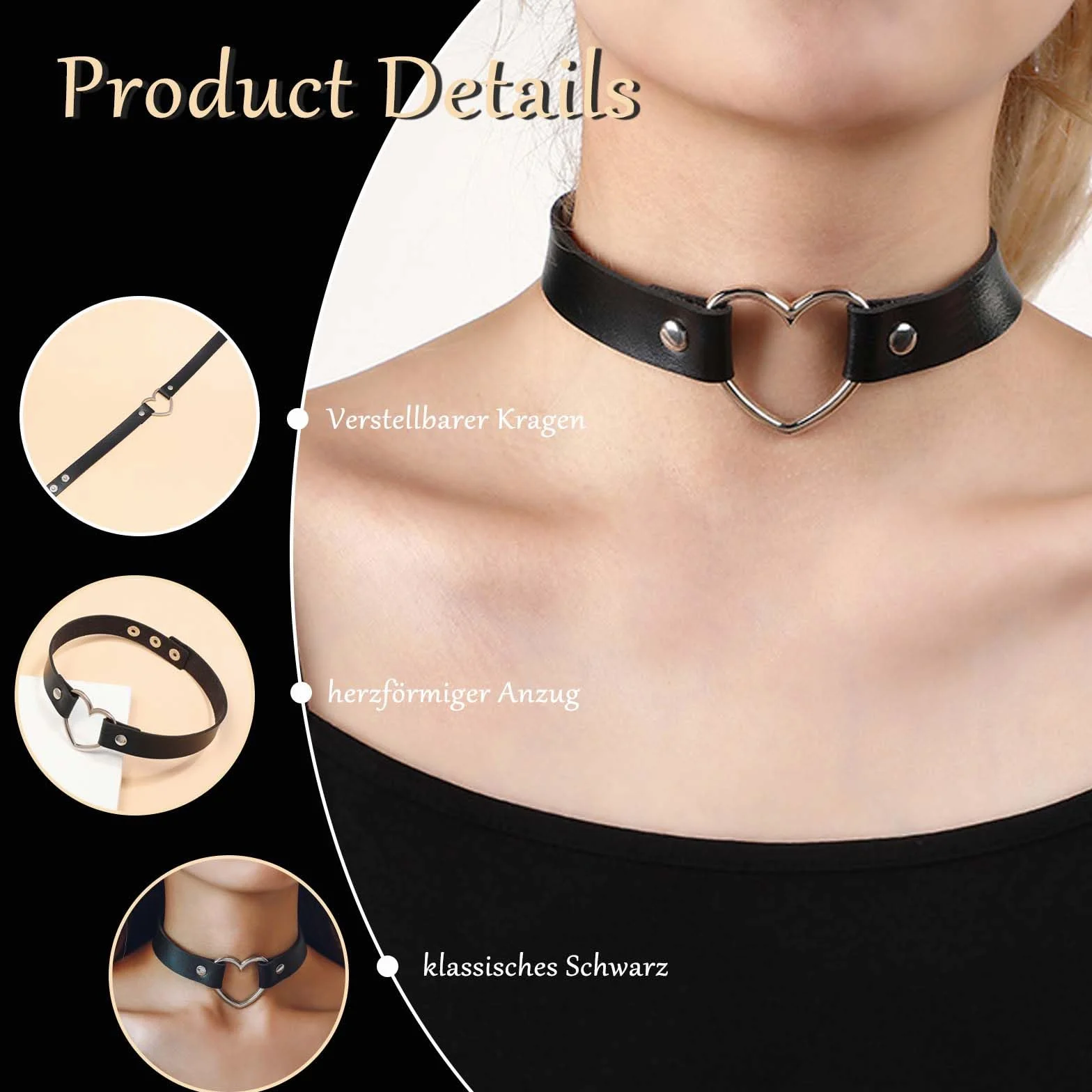 Biżuteria punkowa choker w kształcie serca, styl punk, gotycka skóra PU, naszyjnik z możliwością regulacji, elegancki naszyjnik, naszyjnik typu choker, czarny, stop z zapięciem dla kobiet i mężczyzn,