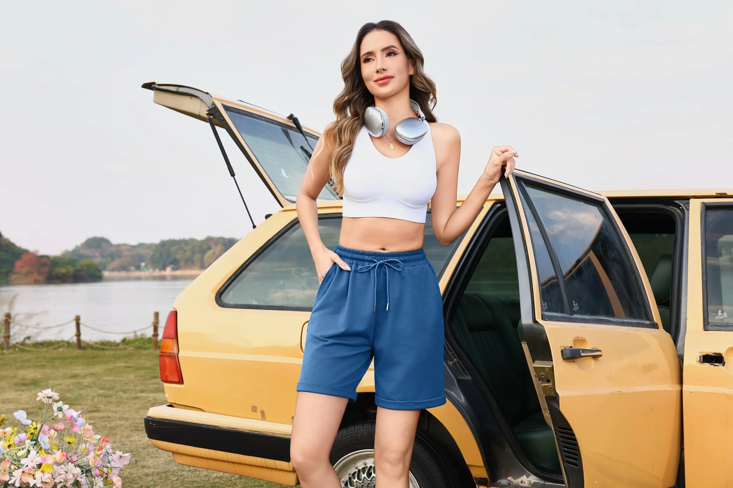 Litherday Szorty Damskie Bawełniane Sportowe Wysoka Talia Sznurek Fitness Joga Jogging S-XXL