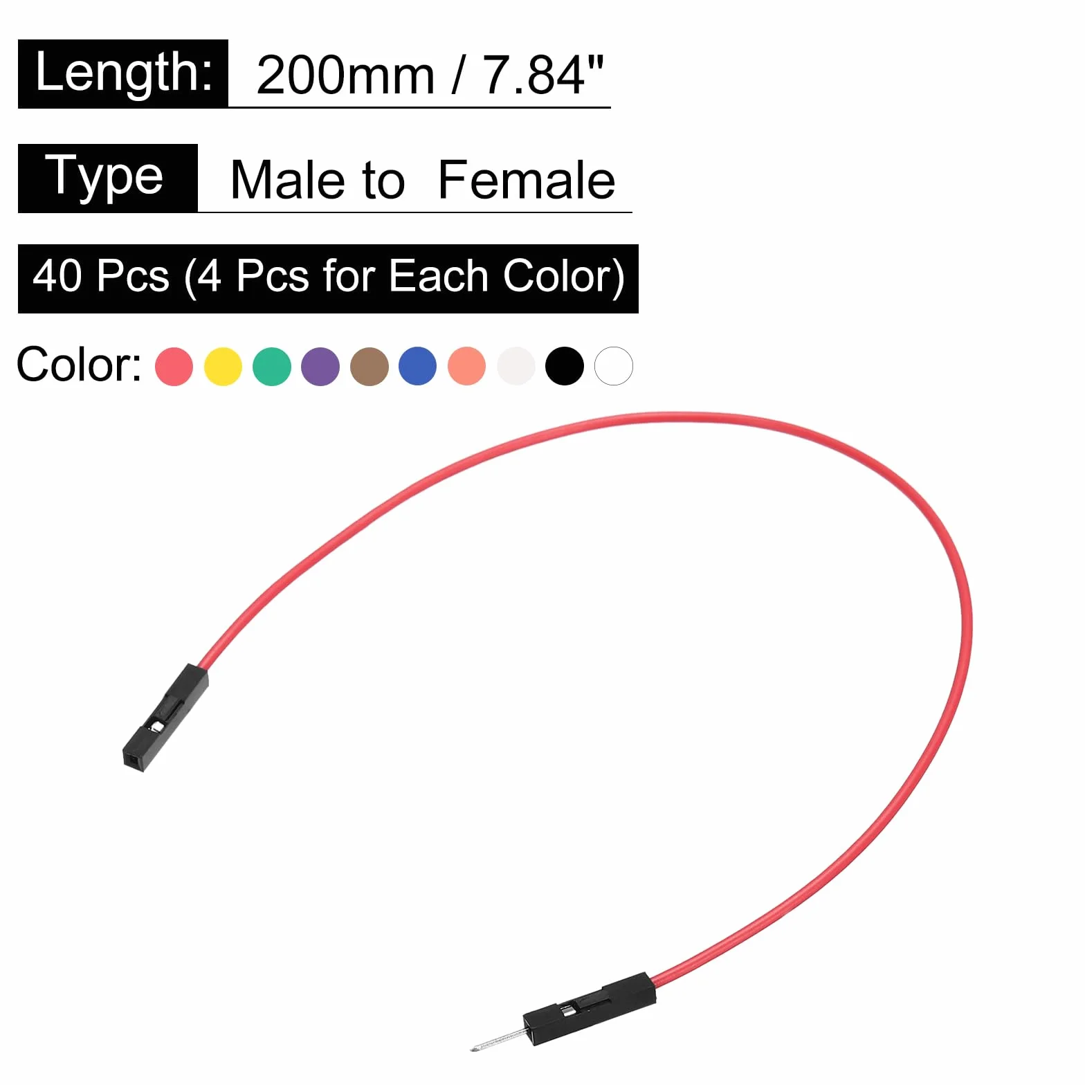 QUARKZMAN 1-biegunowy przewód mostkowy do płytek wtykowych, wtyczka na gniazdo, wymiar rastra 2,54 mm, kabel płaski, długość 20 cm, elektroniczny kabel taśmowy do elektroniki, 40 sztuk