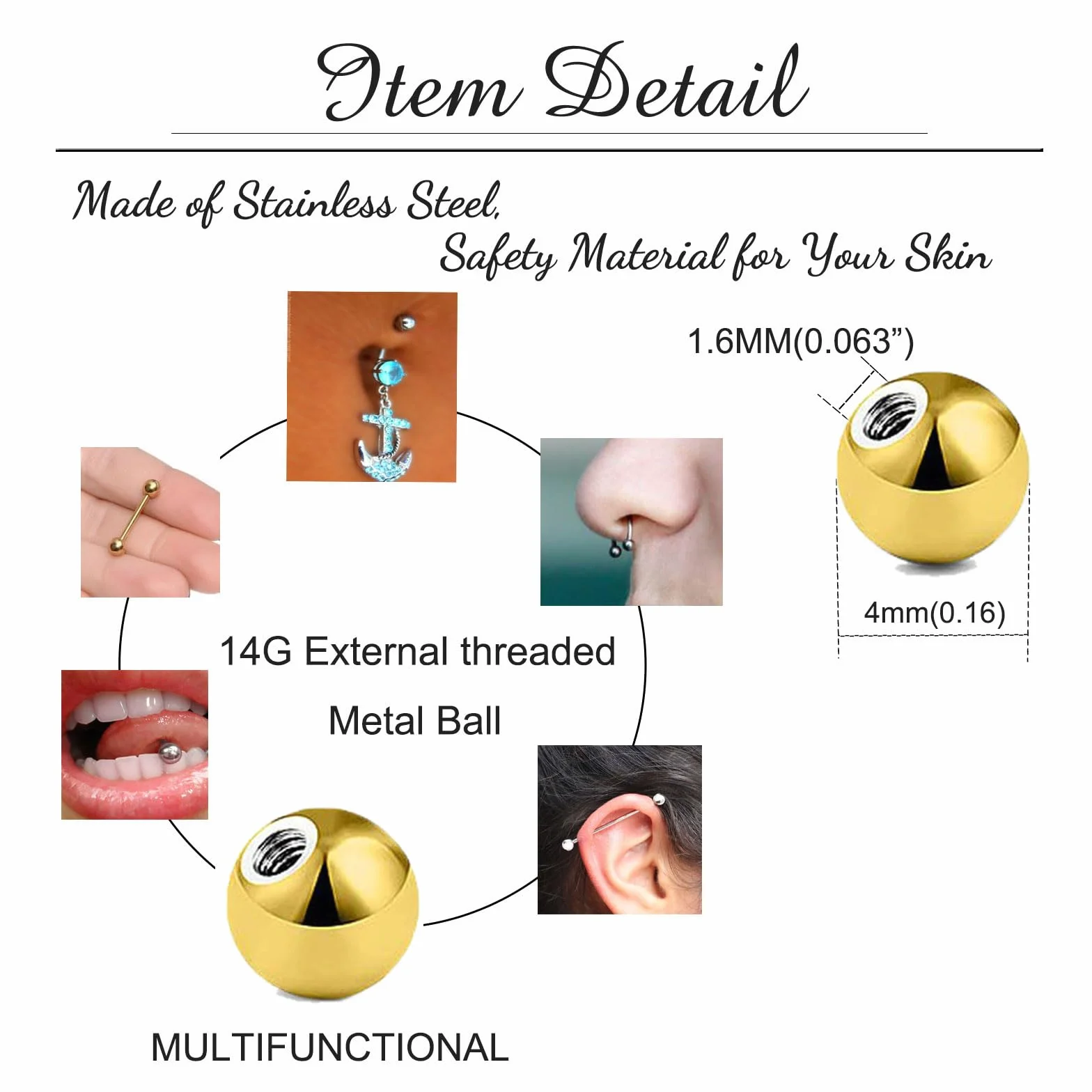 Złota kulka zamienna do piercingu 16G 14G 3/4/5/6 mm stal chirurgiczna