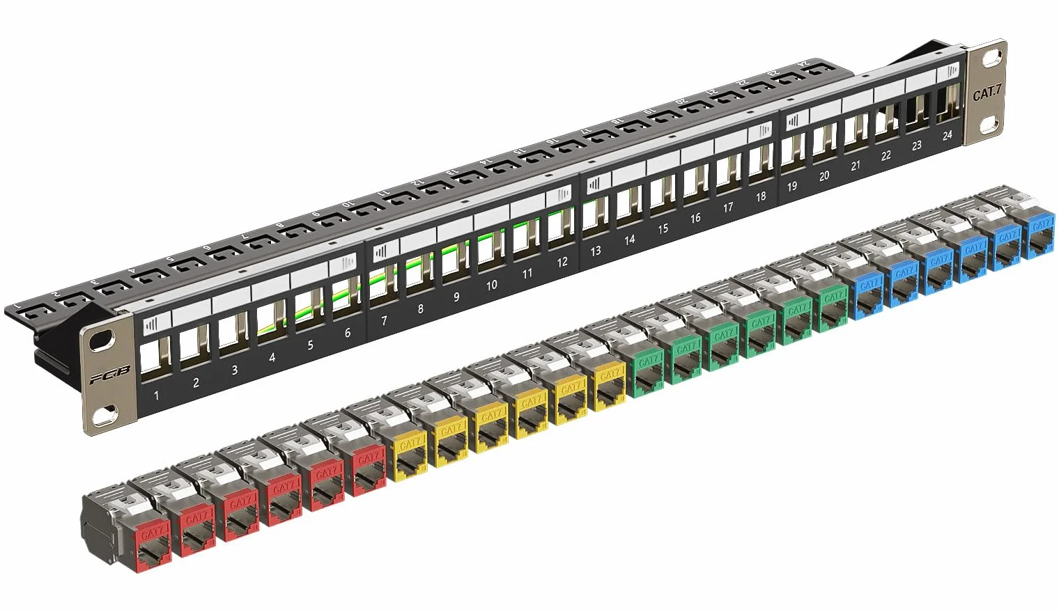 FGB Panel krosowy 10 Gbps 24 porty CAT7 24 x kolorowe moduły Cat7 Keystone, 19" montaż w stelażu RJ45 LAN Sieć 600 MHz kabel instalacyjny do przełączników sieciowych Gigabit