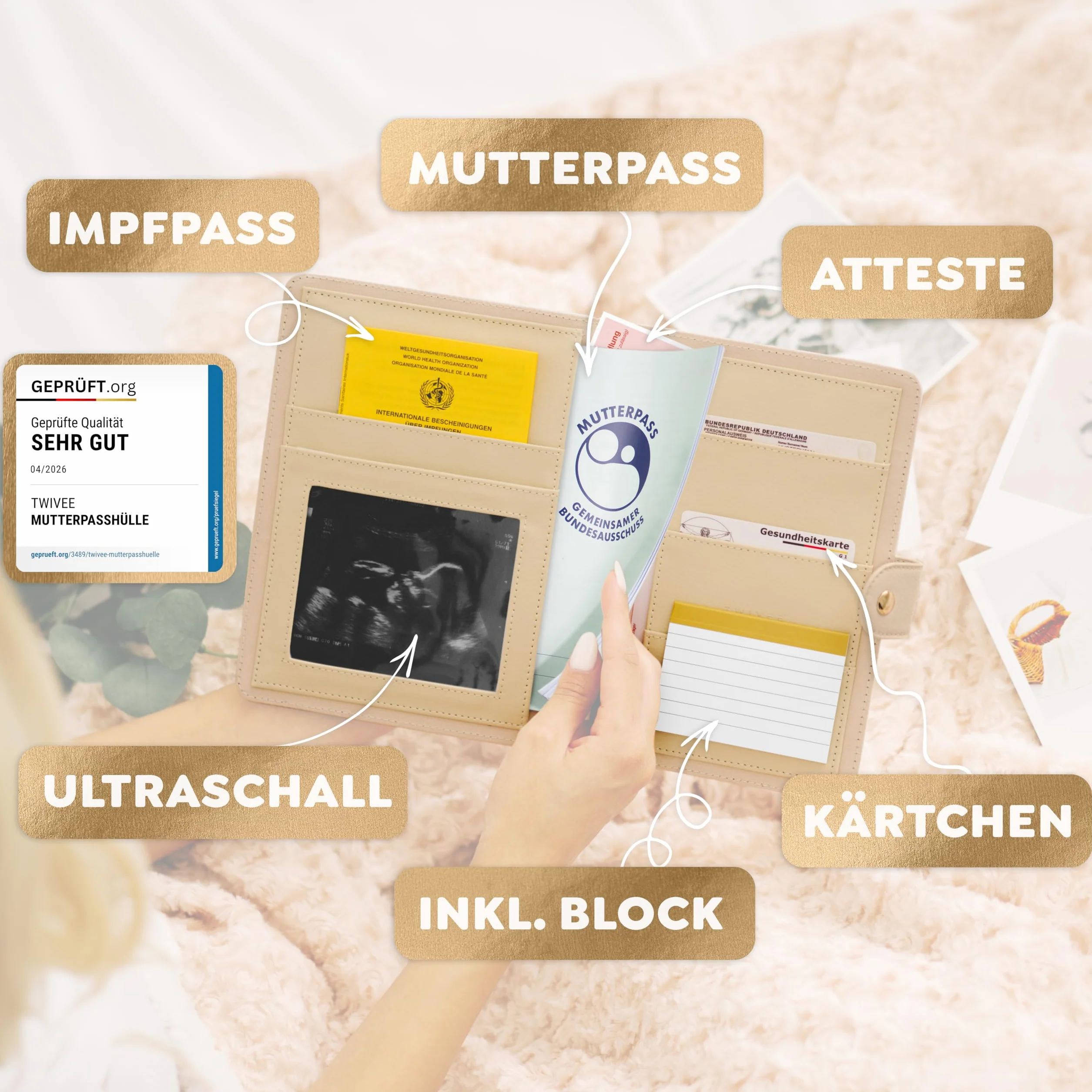 TWIVEE - Etui na kartę ciąży (Love) – organizer z zapięciem magnetycznym – niemiecki paszport ciąży – paszport matki – wraz z notesem i 8 przegródkami