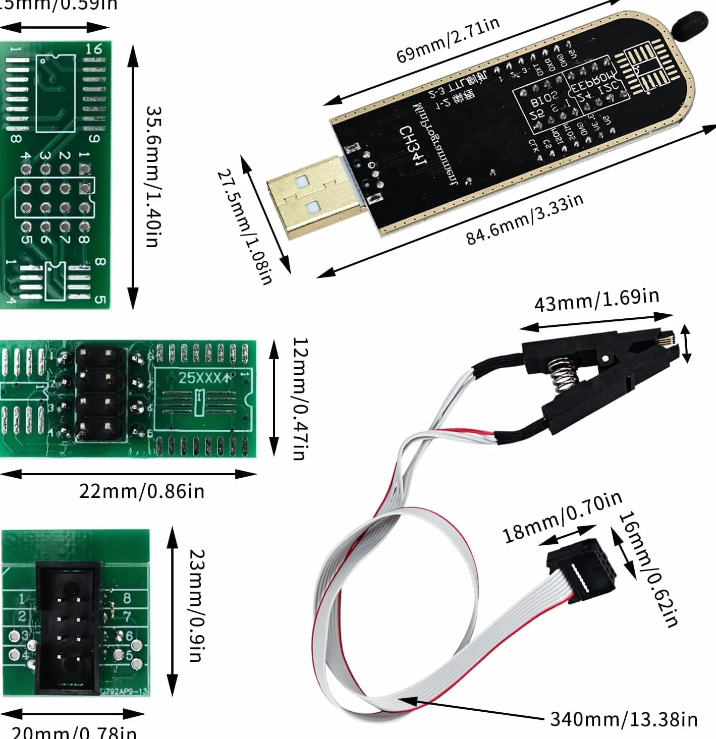 CH341A Programator i zdejmowany organizer na klipsy testowe SOP8, CH341A+SOP8 podwójna płytka Flash Chip IC klipsy testowe serii 25 Flash BIOS USB moduł programisty (pojedynczy klips + USB)