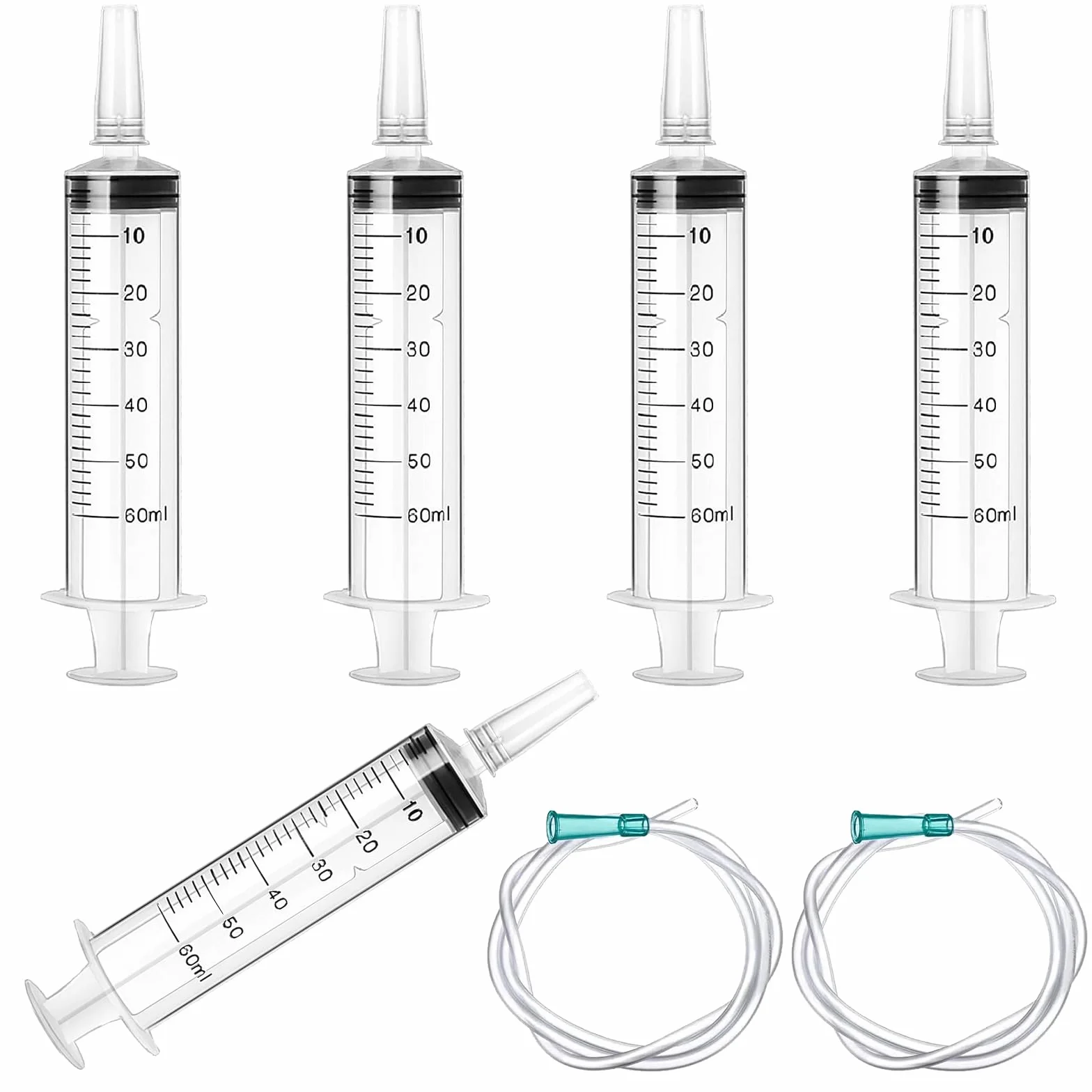 5 sztuk strzykawek z wężem, zestaw syringów, strzykawka z tworzywa sztucznego, 60 ml, strzykawki wielokrotnego użytku, do eksperymentów laboratoryjnych, karmienia zwierząt, prac ogrodowych, zastosowań