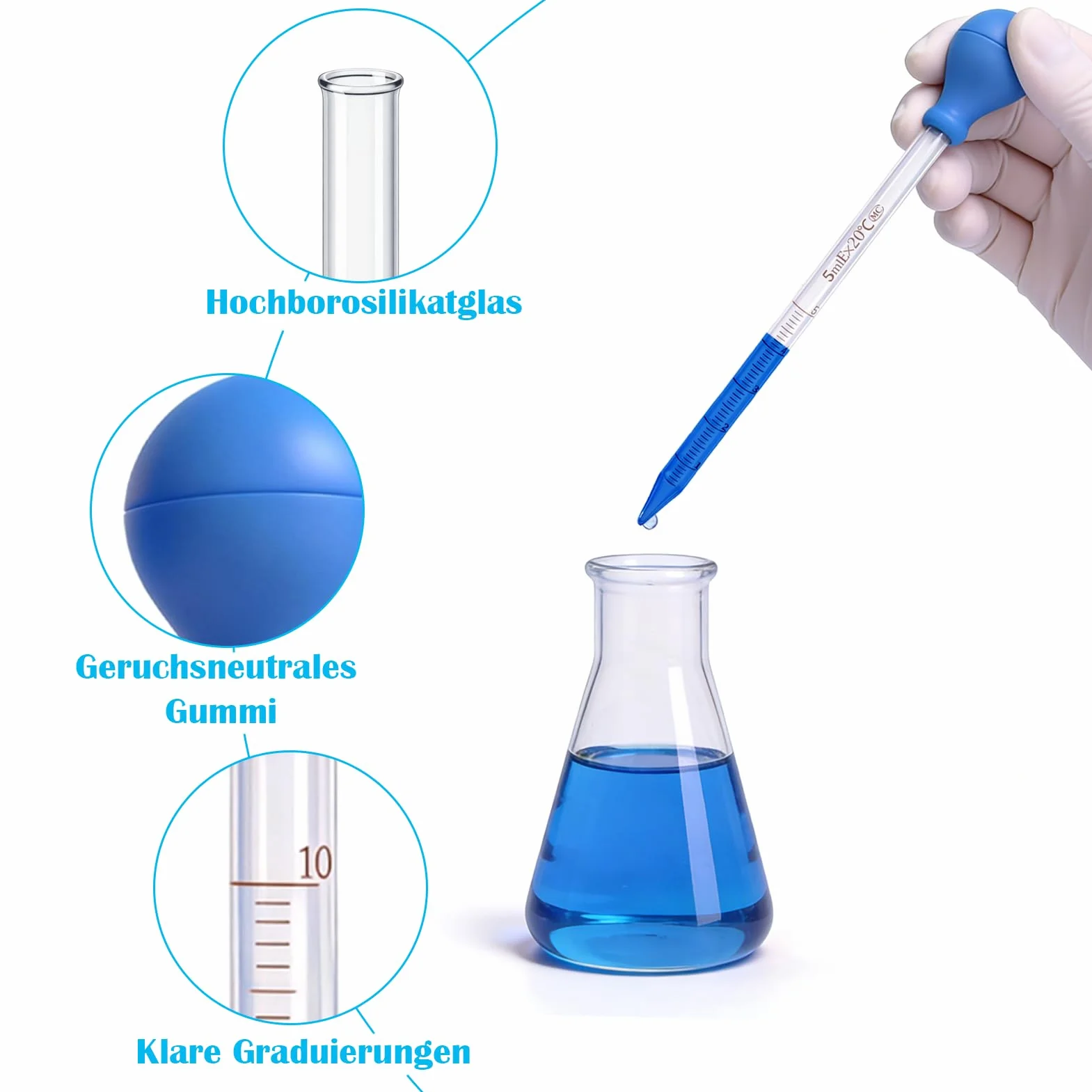 Zestaw pipety szklanych, pipeta szklana ze skalą, pipeta szklana, 10 ml, 5 ml, 2 ml, 1 ml, do laboratorium, żywności, zastosowań badawczych i medycznych, z 2 szczotkami do kropli