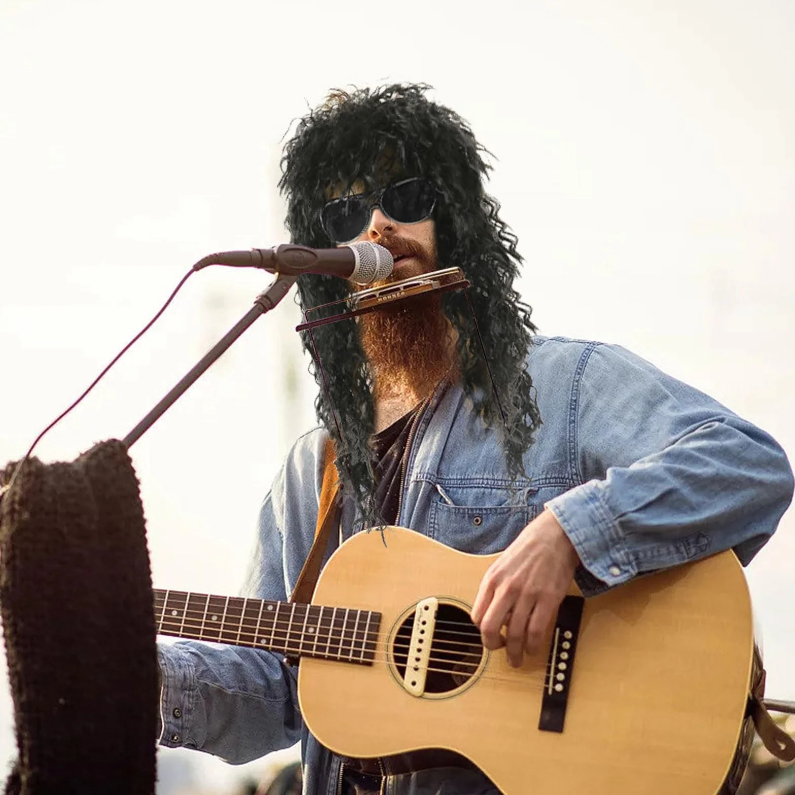 Zestaw Peruki Rock Lata 80-te Męskie Hippie Kręcone na Halloween Karnawał z Okularami Przeciwsłonecznymi 2 Sztuki