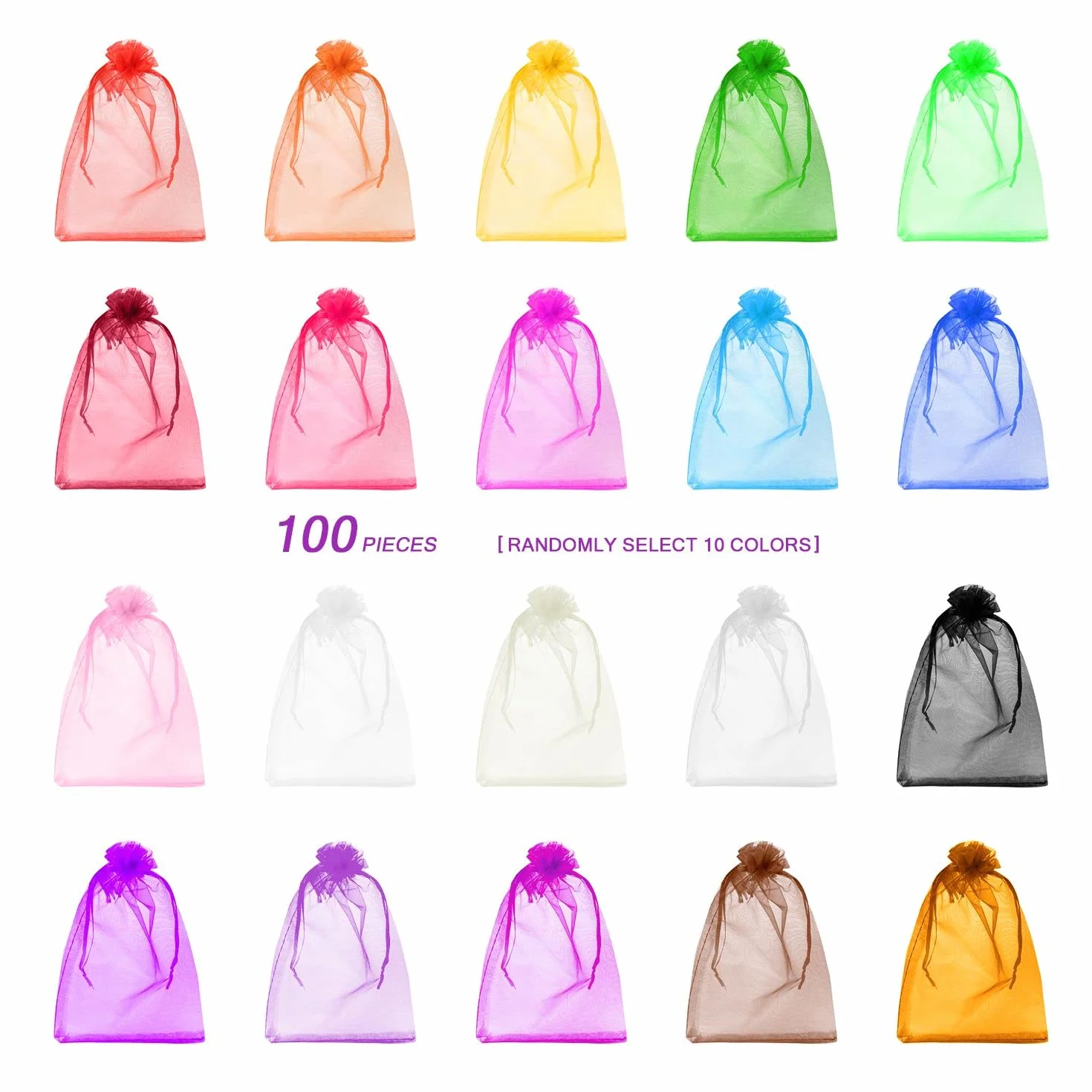 Torebki z organzy, 100 sztuk, kolorowe woreczki na cukierki, na ślub, urodziny, komunię, prezent, cukierki, biżuteria, ze sznurkiem (7 x 9 cm)
