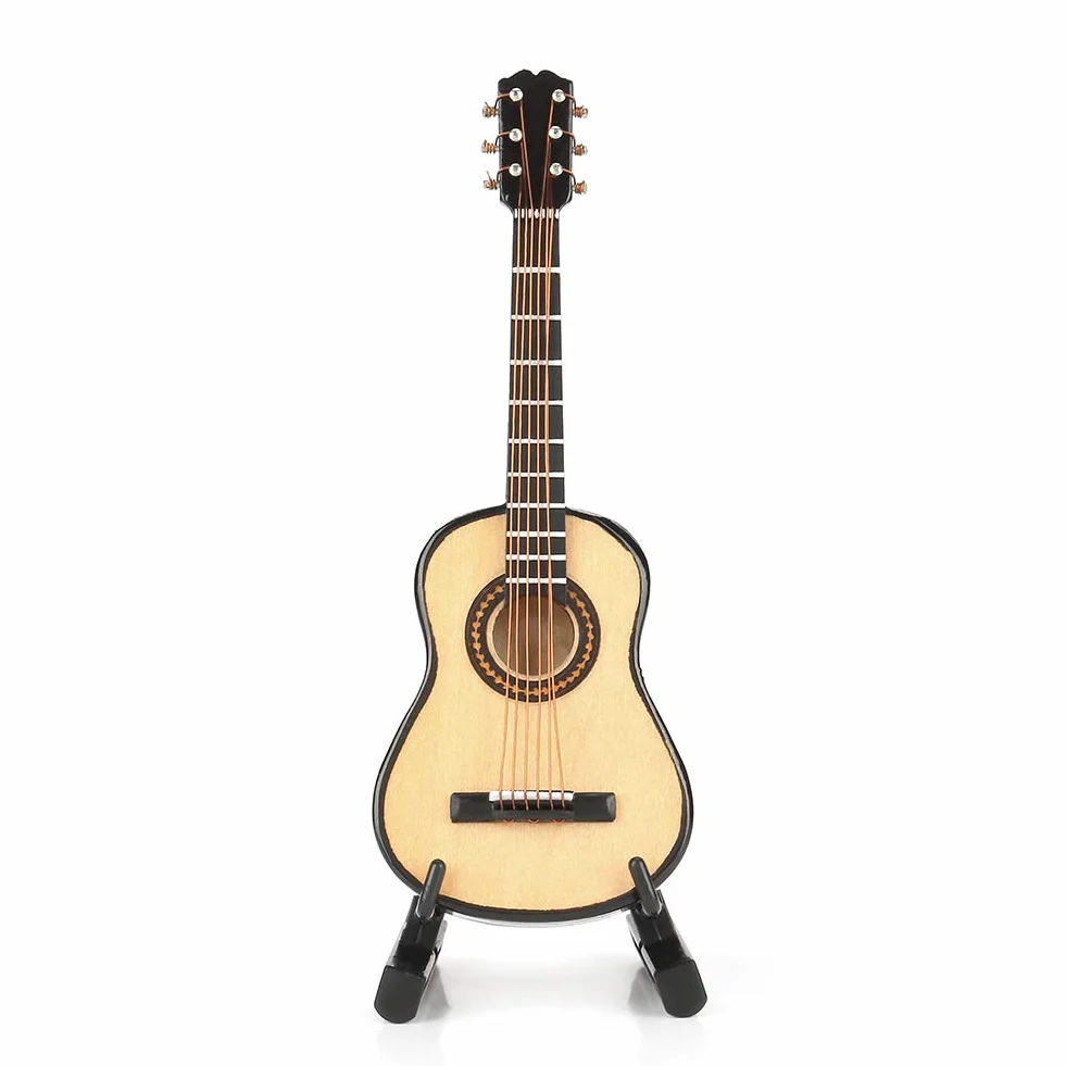 Qinlorgo Drewniana miniaturowa gitara ze stojakiem, miniaturowy drewniany model gitary ekspozycja mini ozdoby muzyczne rzemiosło dekoracja domu