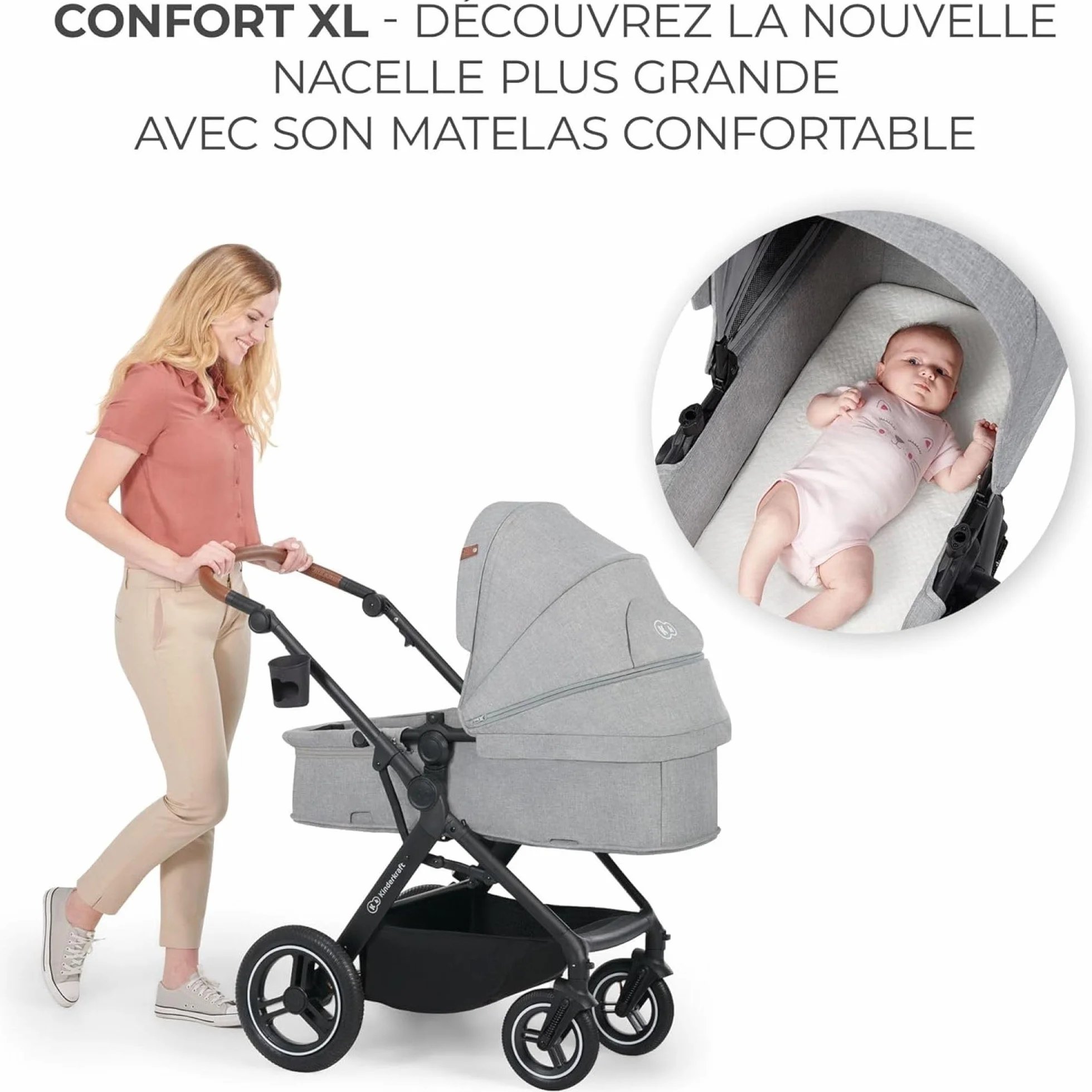 Kinderkraft B-TOUR Wózek dziecięcy Trio Niemowlęta 3 w 1 22 kg, System modułowy, z Ovetto I-size 40-75 cm, Składany, Siedzenie XL, Wodoodporny filtr UPF50+, Pozycja Banna, Szary