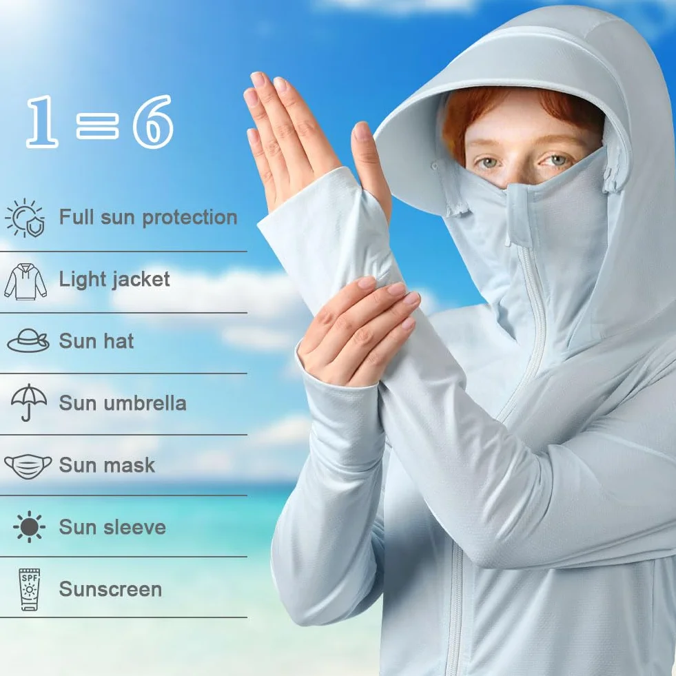 AUYAO Letnia bluza z kapturem UV UPF 50+, zamek błyskawiczny anty-UV rondo z kapturem ochrona przed słońcem, lekka kurtka z kapturem ochrona przeciwsłoneczna z kapturem