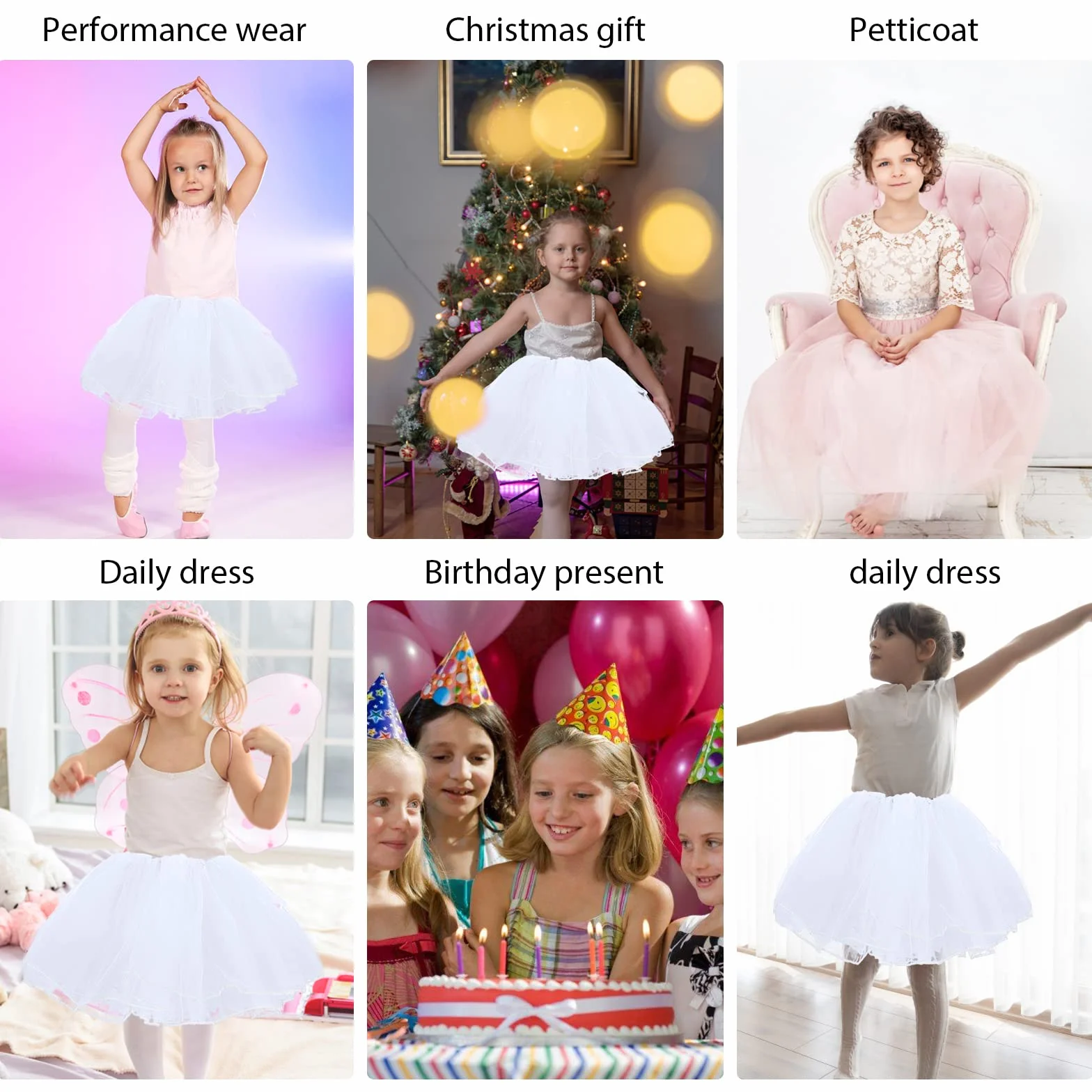 WLLHYF Dziewczęca spódnica tutu, 4 warstwy, tiulowa, tutu, elastyczna, puszysta, do tańca baletowego, dla małych dzieci, dzieci, na imprezę bożonarodzeniową (biała), biały, Einheitsgröße