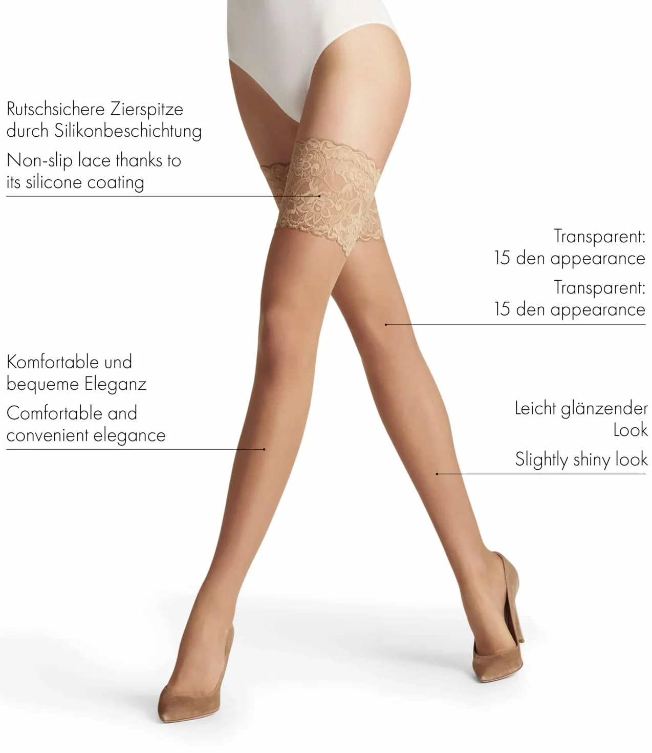 FALKE Kobiety Seidenglatt 15 DEN Lace przezroczyste jednokolorowe przezroczyste błyszczące wytrzymałe wygodne nieześlizgujące się z koronką i silikonem delikatny miękki materiał 1 Para