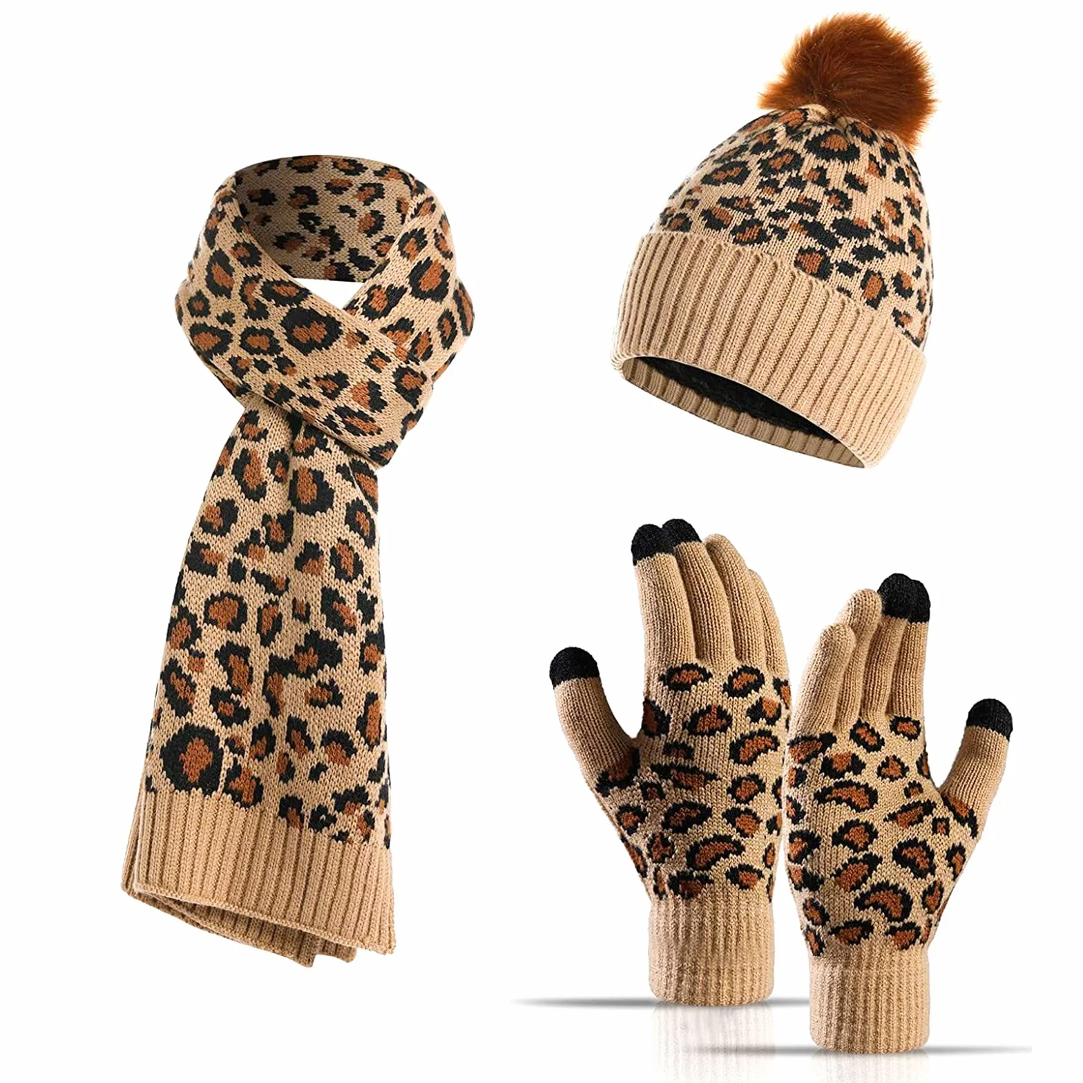 JINDUN Czapka szalik zestaw rękawiczek dla kobiet, zimowy ciepły gruby szalik dzianinowy czapka beanie i rękawiczki zimowe do ekranu dotykowego zestaw dla mężczyzn i kobiet