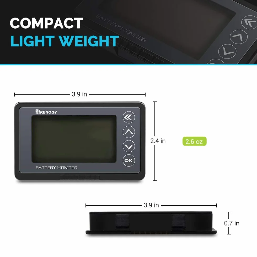 Renogy Czujnik baterii 500 A, 12 V/24 V/36/48 V, bardzo precyzyjny monitor baterii z programowalnym alarmem wysokiego/niskiego napięcia, kompatybilny z LiFPO4, AGM, uszczelnione, żelowe, mokre baterie