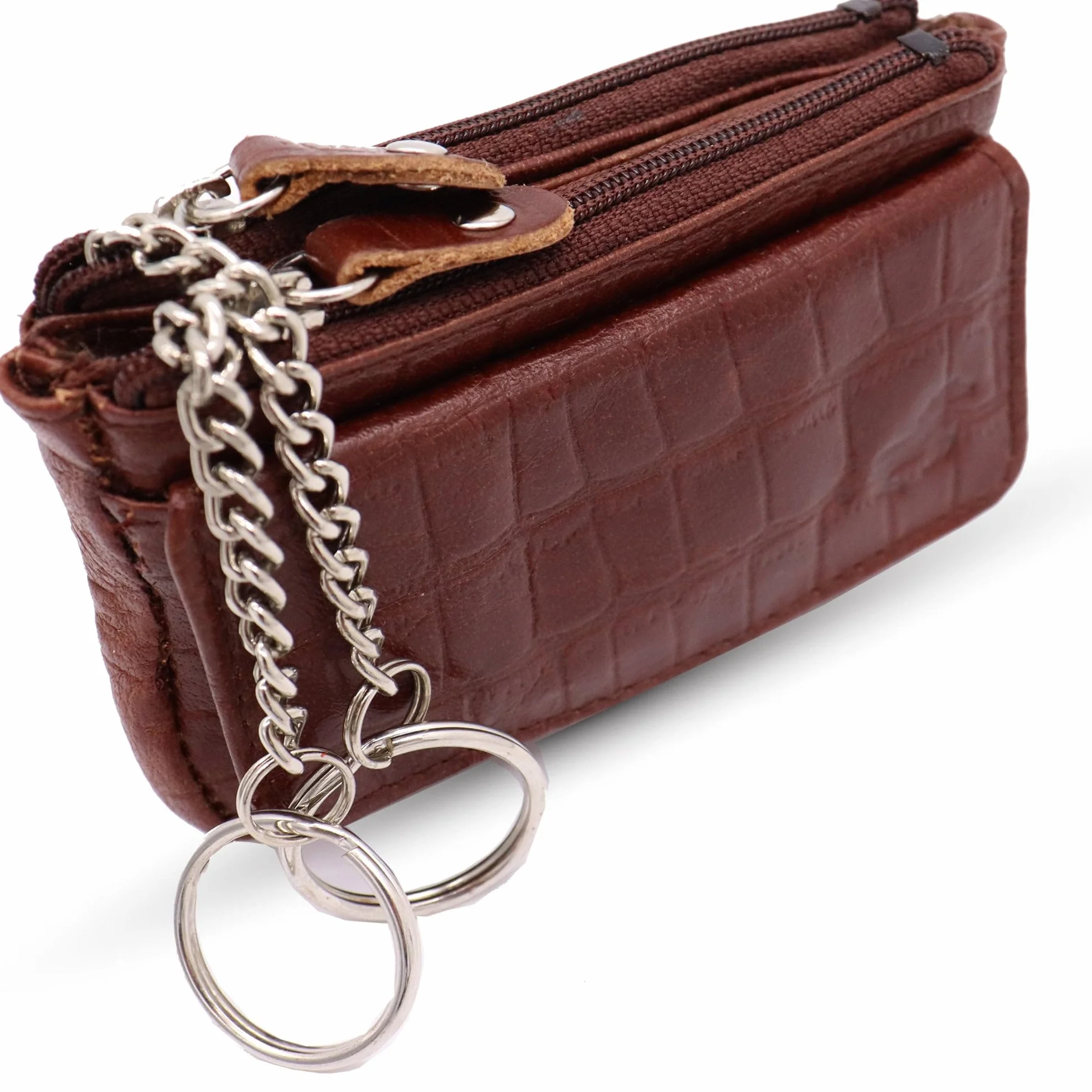 Safekeepers Skórzane etui na klucze mała kieszeń z zamkiem błyskawicznym Cognac Brown