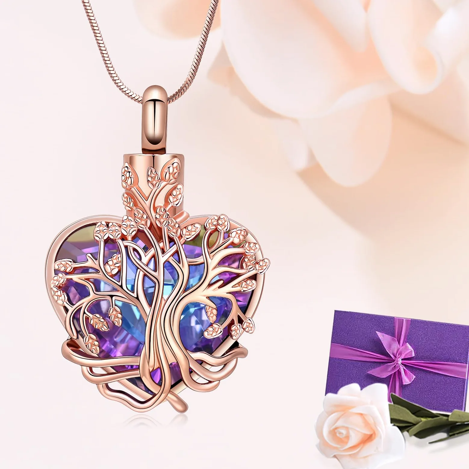Minicremation Urna Naszyjnik na popiół Drzewo Życia Birthstone Serce Wisiorek Kremacja Keepsake Memorial Pogrzeb Naszyjnik Biżuteria Prezenty dla Kobiet Żony Matki