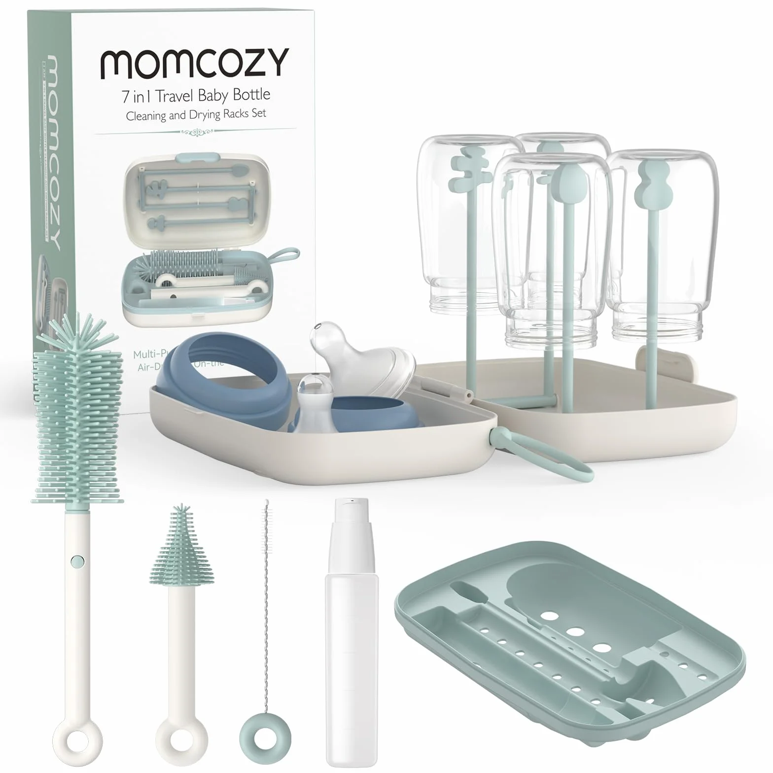 Momcozy Zestaw szczotek do butelek – zestaw do czyszczenia butelek dla niemowląt z silikonową szczotką, szczotką do sutków, szczotką do słomki, dozownikiem mydła, stojakiem do suszenia, narzędzie do