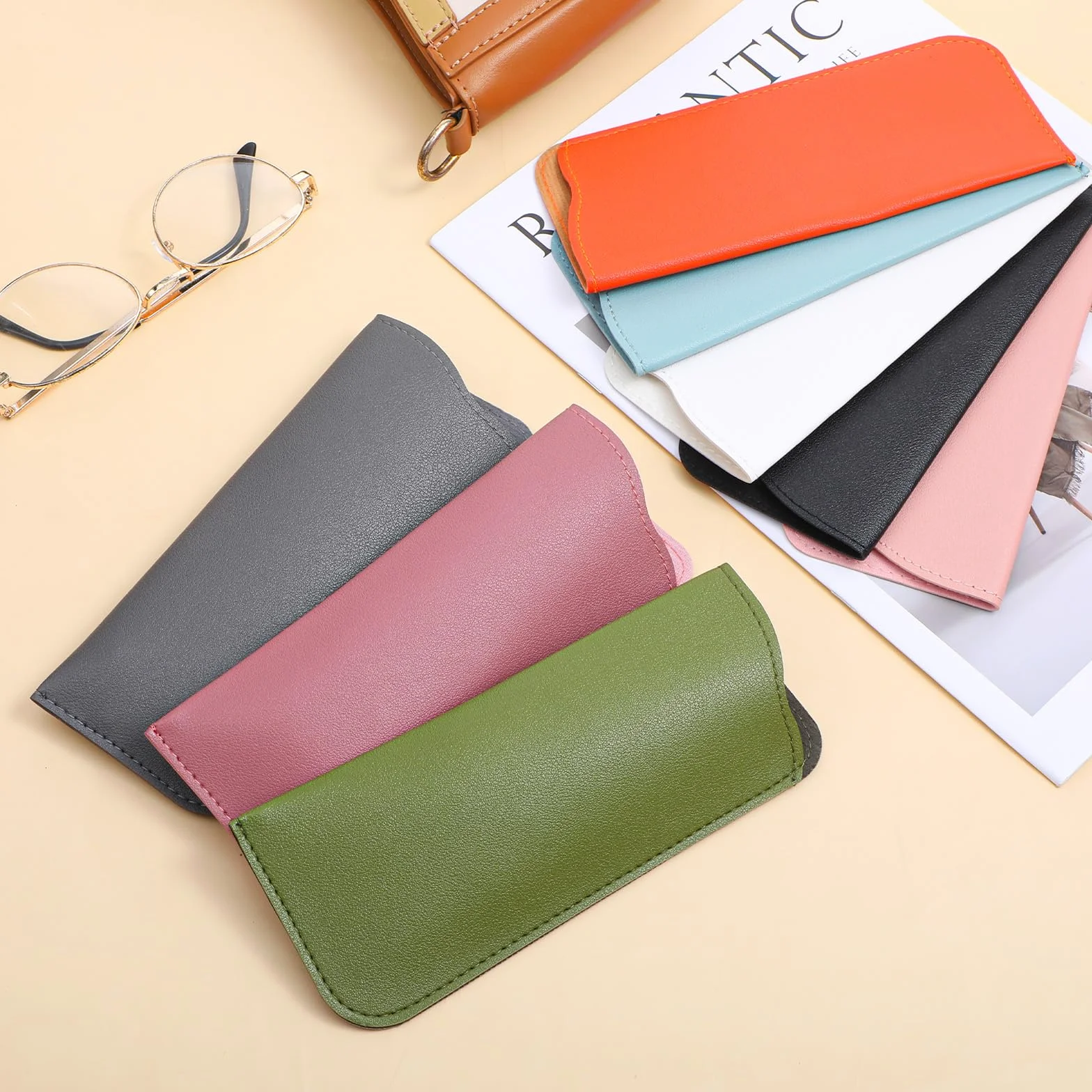 JJUNW 8 sztuk miękkich etui na okulary, ze skóry PU, przenośne etui na okulary, 17,8 x 7,6 cm, płaskie etui na okulary do czytania, dla mężczyzn i kobiet
