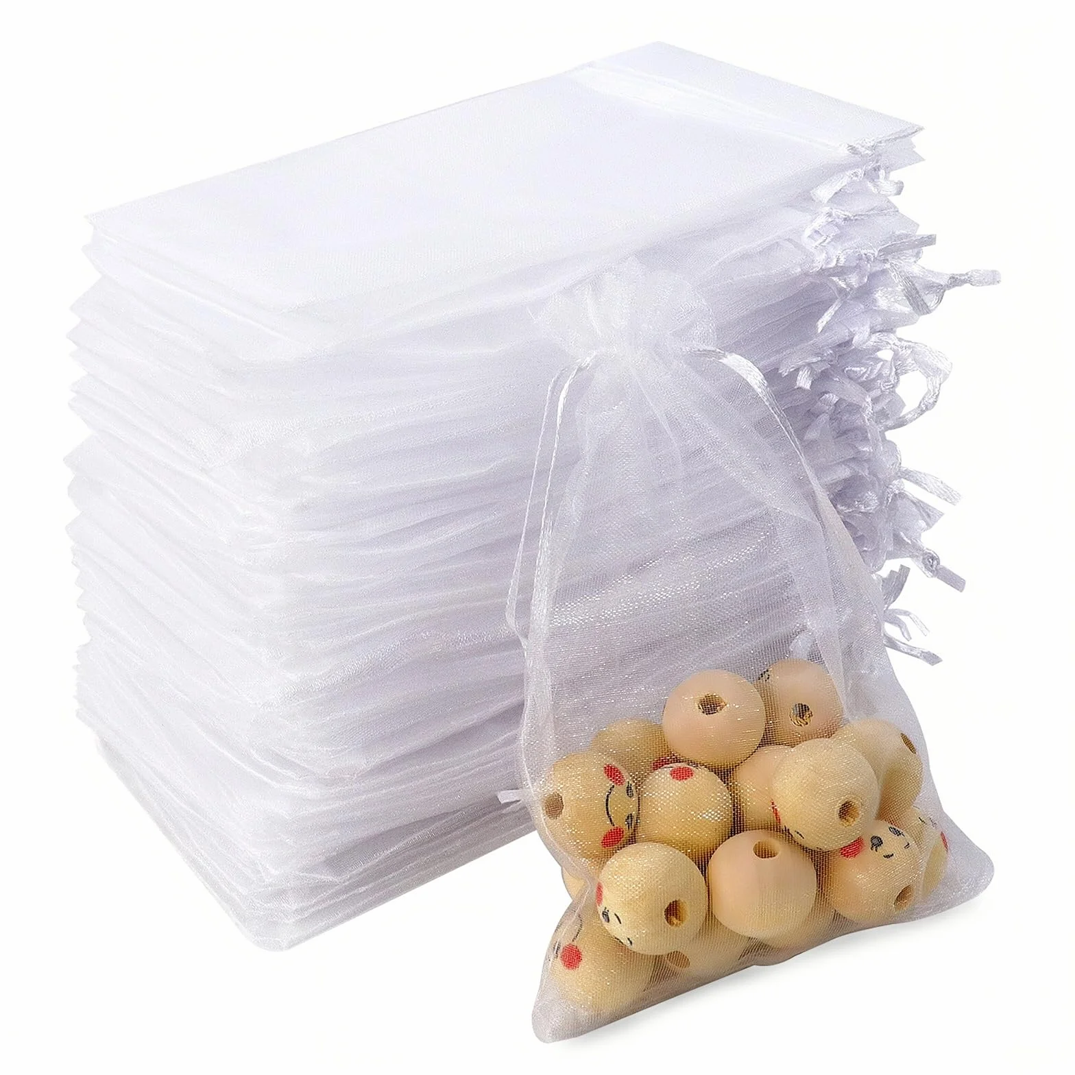 soodyoow 100 szt. torebek na prezenty z organzy, 10 x 15 cm, białe woreczki na biżuterię, przezroczyste woreczki ze sznurkiem, torby na upominki ślubne, małe torebki z siatki cukierkowej, na ślub
