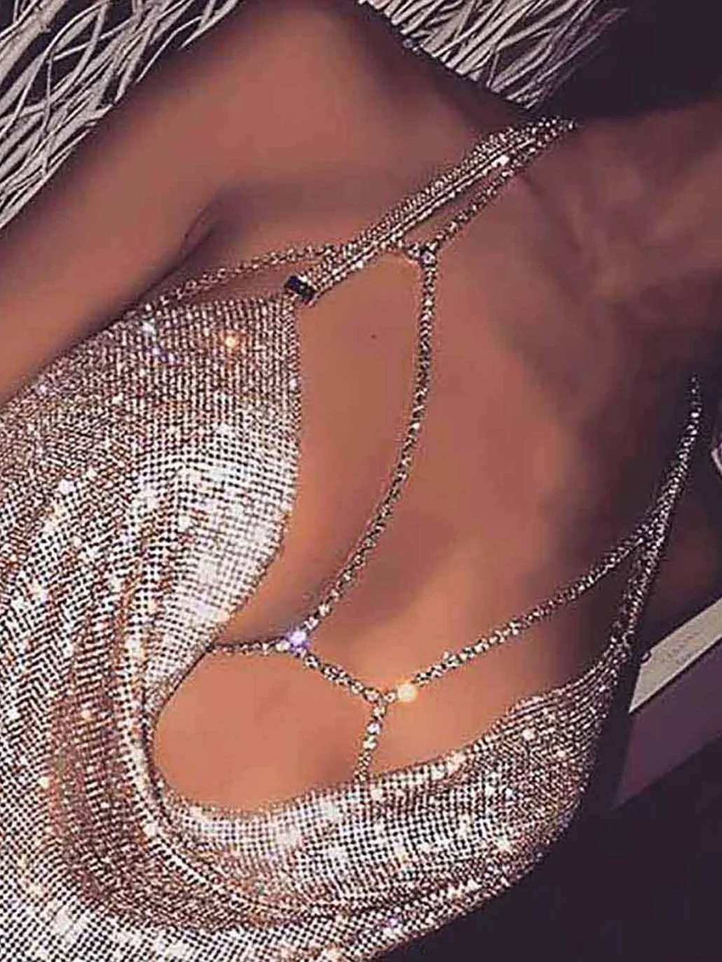 IYOU Błyszczący kryształowy łańcuszek na ciało, srebrny, kryształ górski, błyszczący biustonosz, łańcuszek, sexy bikini, klub nocny, łańcuszek na ciało, akcesoria dla kobiet i dziewcząt