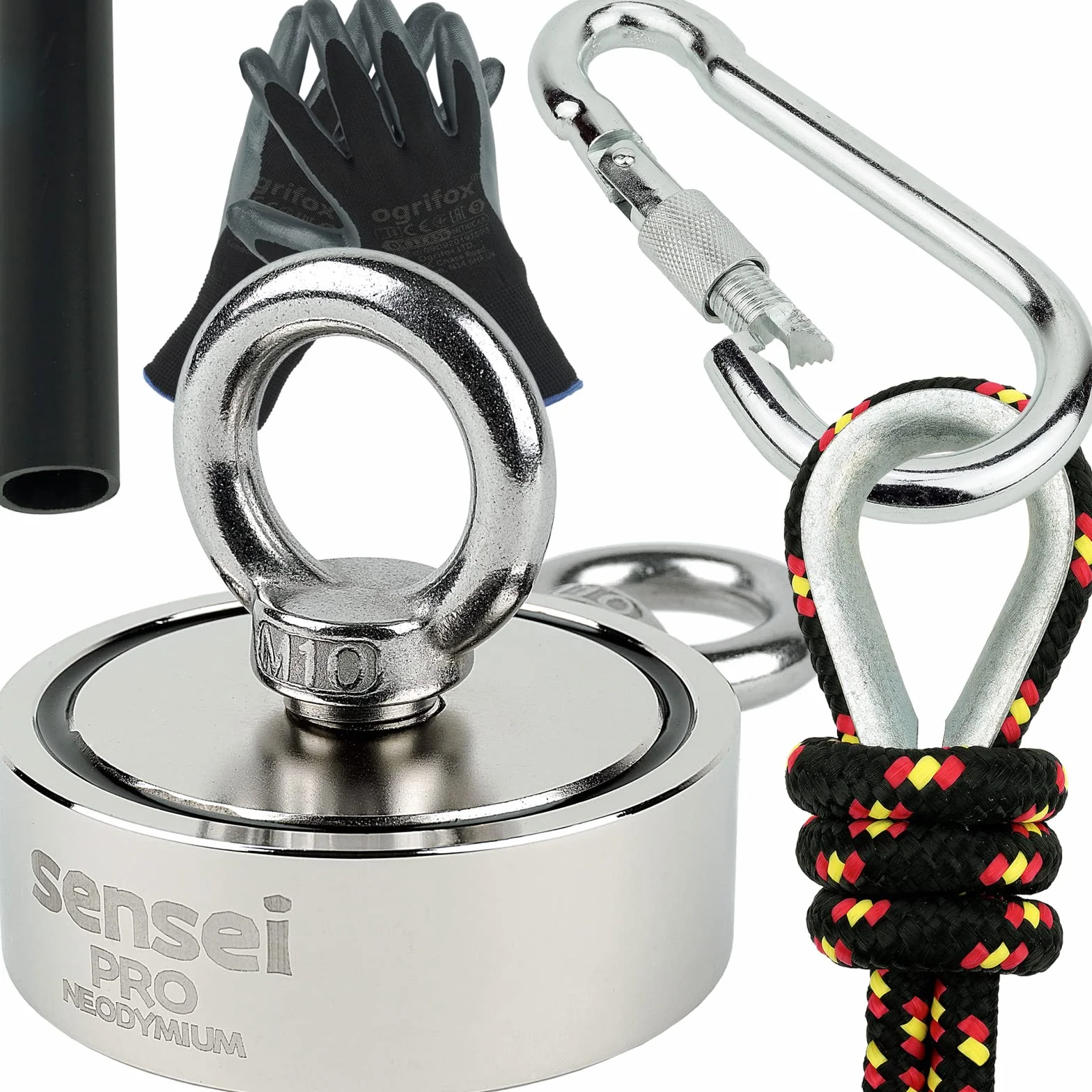 Zestaw SENSEI 2x250=500 kg, Magnes Neodymowy Dwustronny N52 z Dwoma Uchwytami, Ø7,5 x H2,5 cm, Lina Żeglarska 25 m, Rękawice Ochronne + Akcesoria, Zestaw do Poszukiwań i Połowów Magnesem