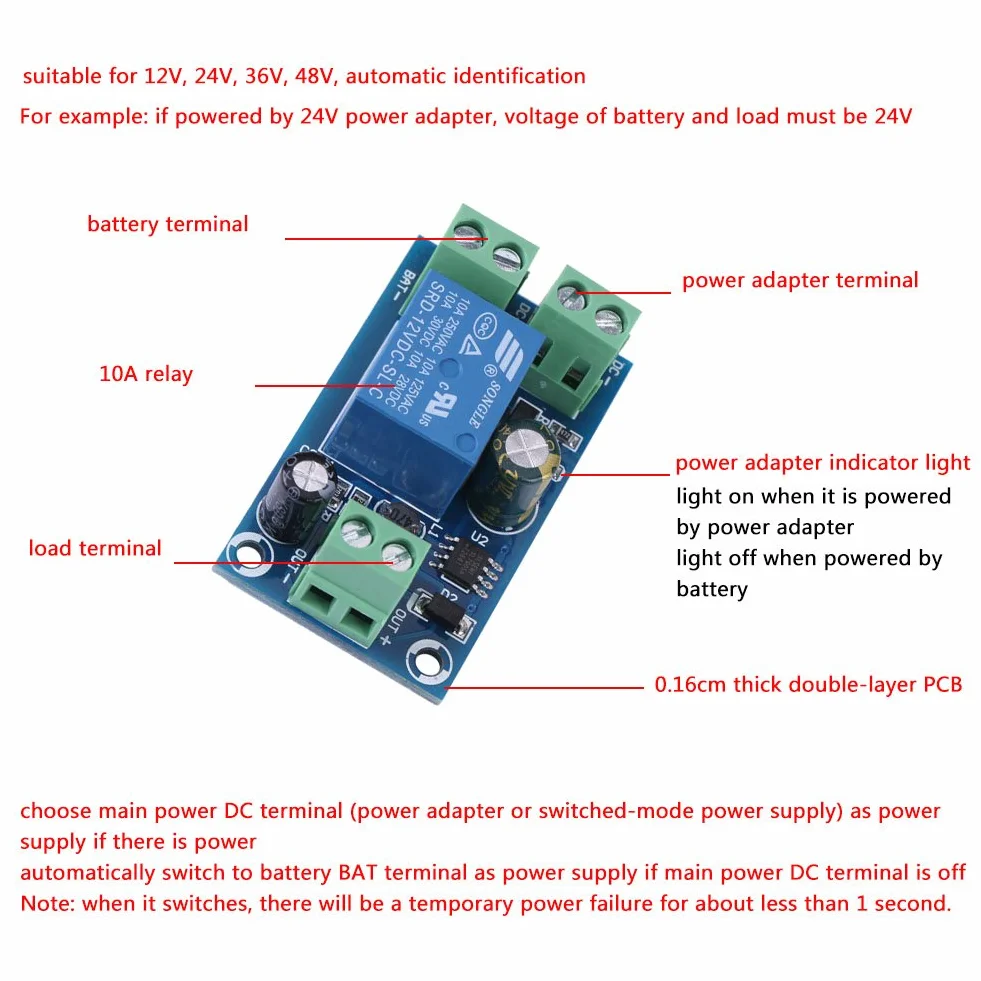 DC 12V 24V 36V 48V Moduł kontrolera zasilania awaryjnego Auto Switch Adapter 10A wyłącz zasilanie