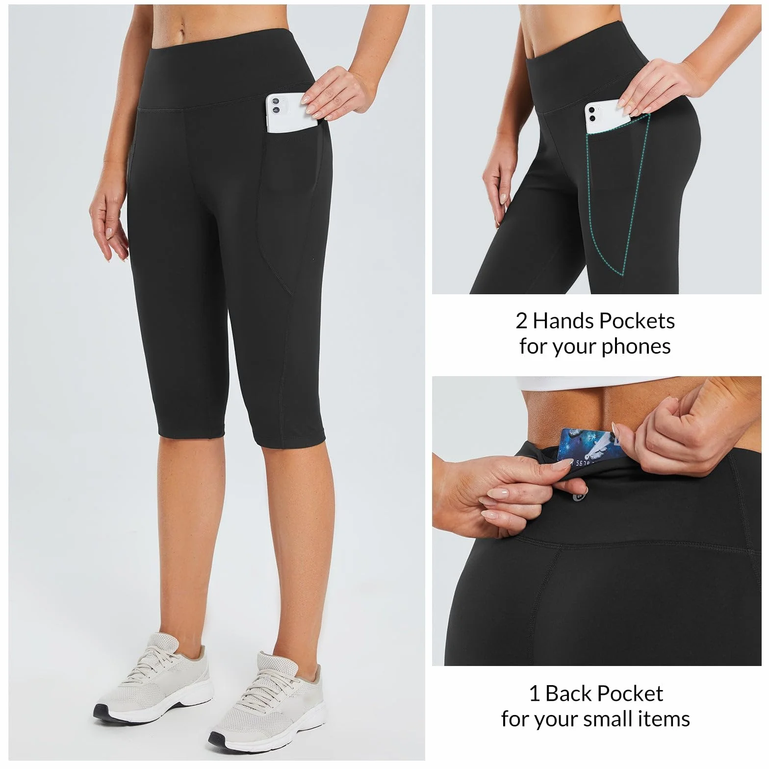 BALEAF Damskie legginsy Capri do kolan z kieszeniami szorty capri z wysokim stanem