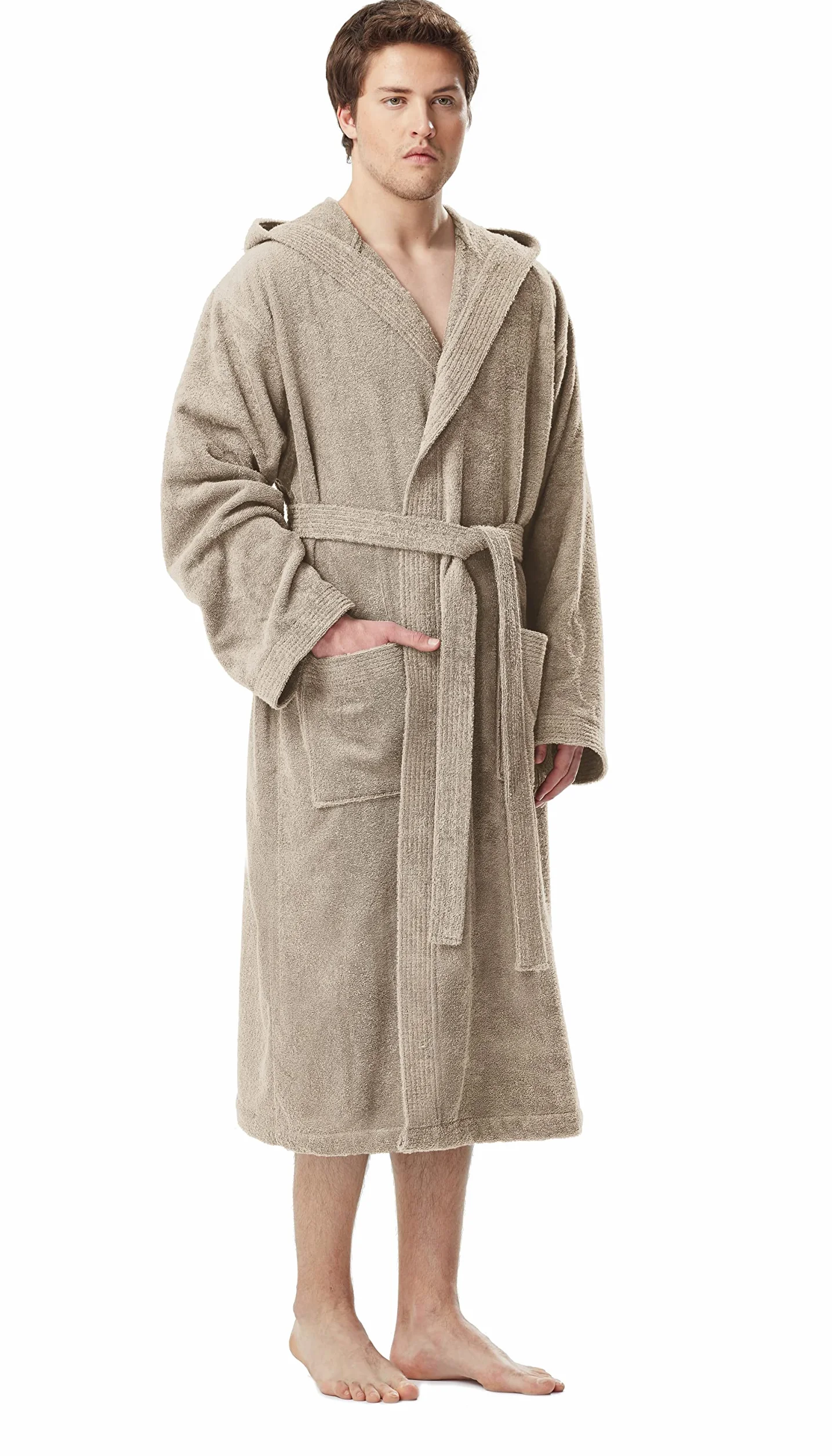 Męski szlafrok z kapturem, długość do łydek, Beżowy, XXL-3XL