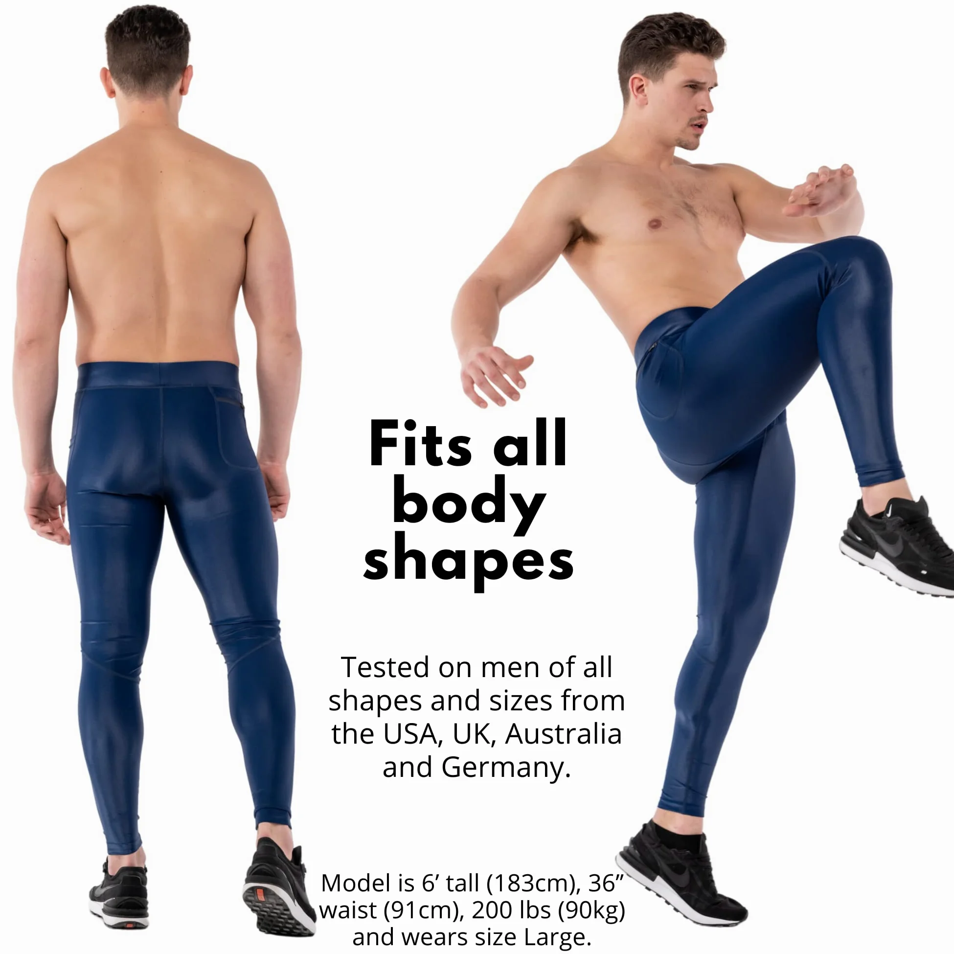 Seria Kapow Meggings Shiny Performance - Legginsy kompresyjne o wysokim połysku dla mężczyzn z kieszeniami, sportowa warstwa podstawowa do treningów i jogi