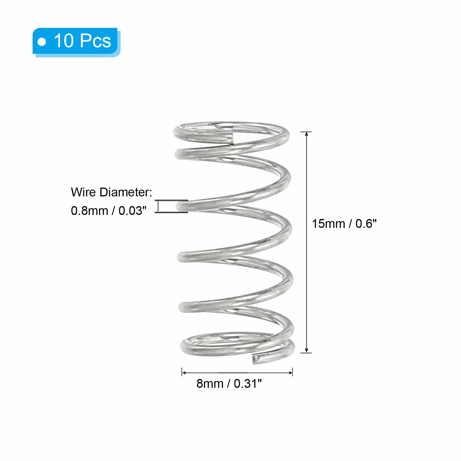 PATIKIL Sprężyna kompresyjna, średnica drutu 0,8 mm x 8 mm średnica zewnętrzna x 15 mm dł., 10 szt. mechaniczne przedłużenie ze stali nierdzewnej 304, małe sprężyny, zestaw asortymentowy do napraw