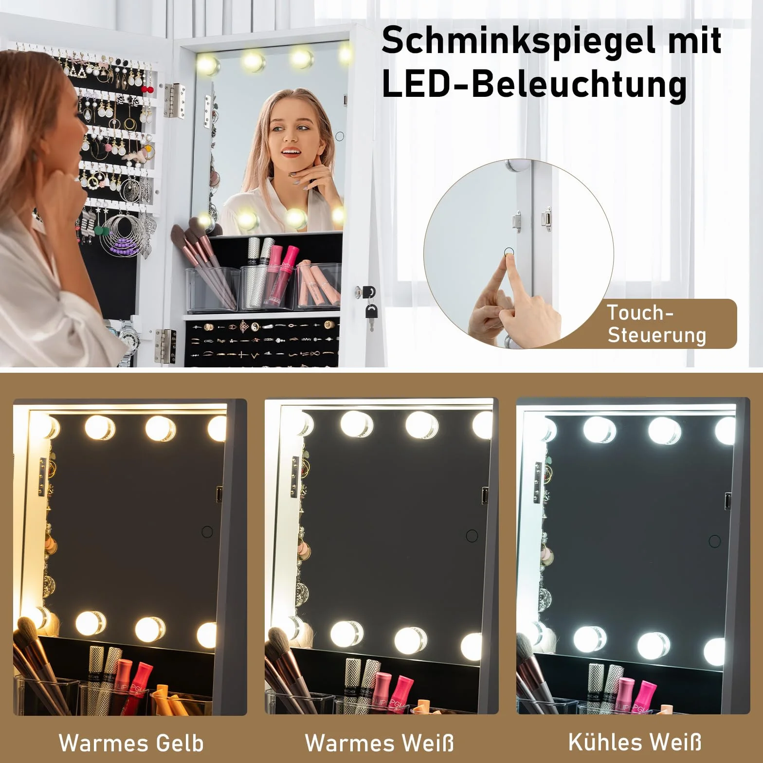 COSTWAY Szafka na biżuterię, obracana o 360°, szafka z lustrem zamykana, z lampkami LED i lustrem do makijażu, wolnostojące lustro na całe ciało, do łańcuszków, kolczyków, makijażu (biała)