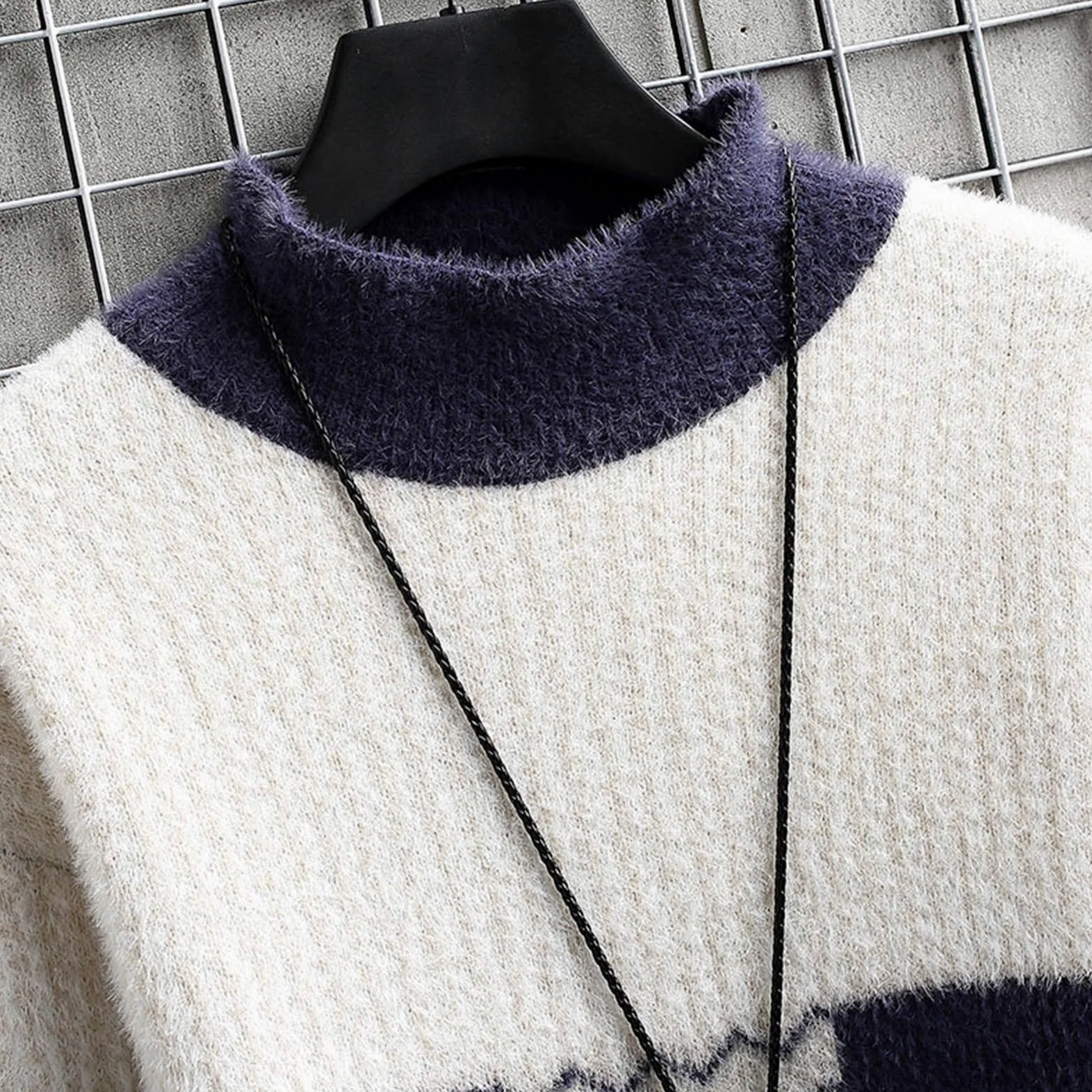 Wąski sweter męski sweter z golfem jesień/zima moda kontrastowy kolor ciepły długi rękaw miękki dzianinowy