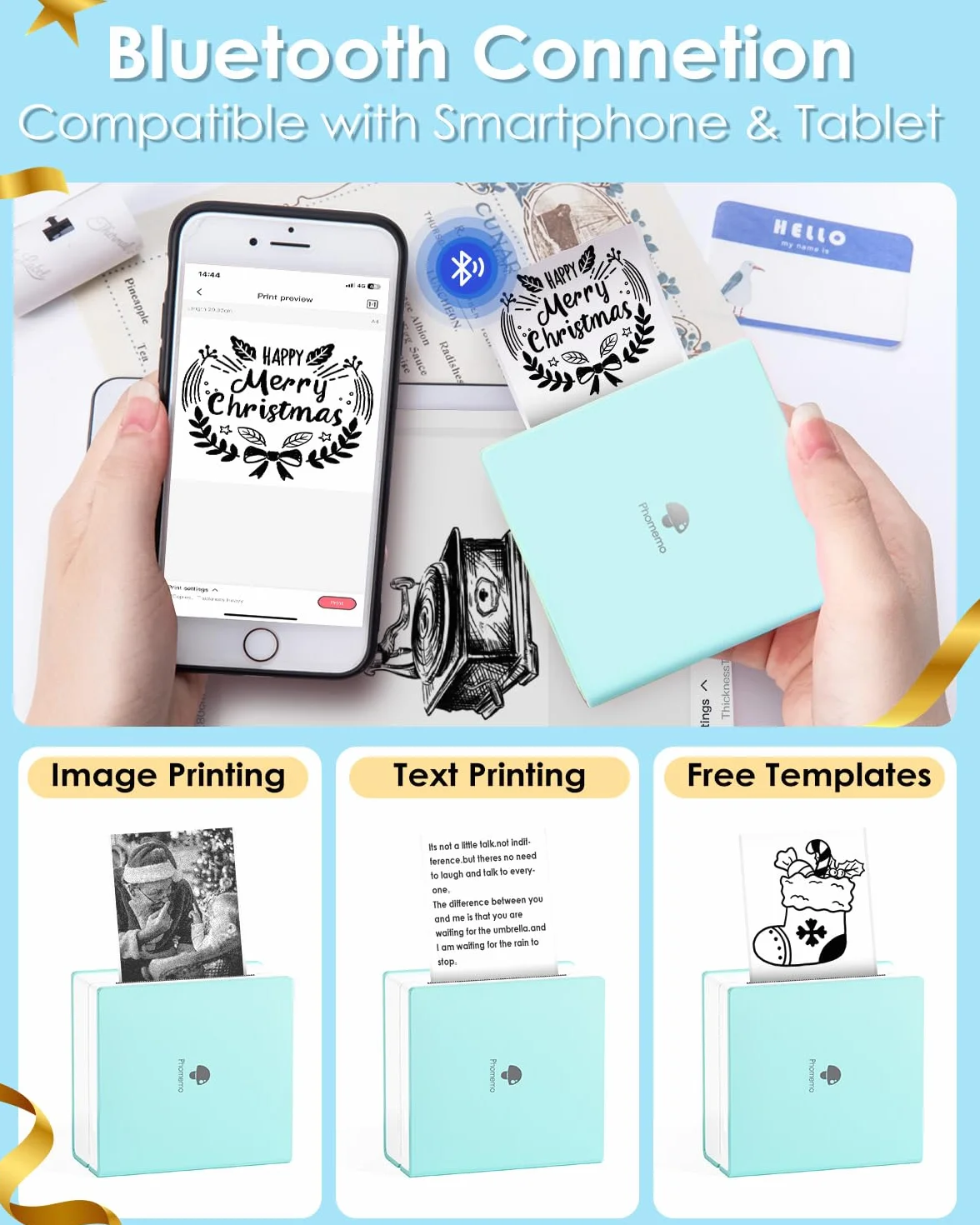 Phomemo M02 Mini drukarka do smartfonów, 3 rolki papieru, drukarka termiczna Bluetooth, drukarka etykiet, kompatybilna z iOS i Android, do prezentów, zdjęć, scrapbookingu, etykiet, zielona