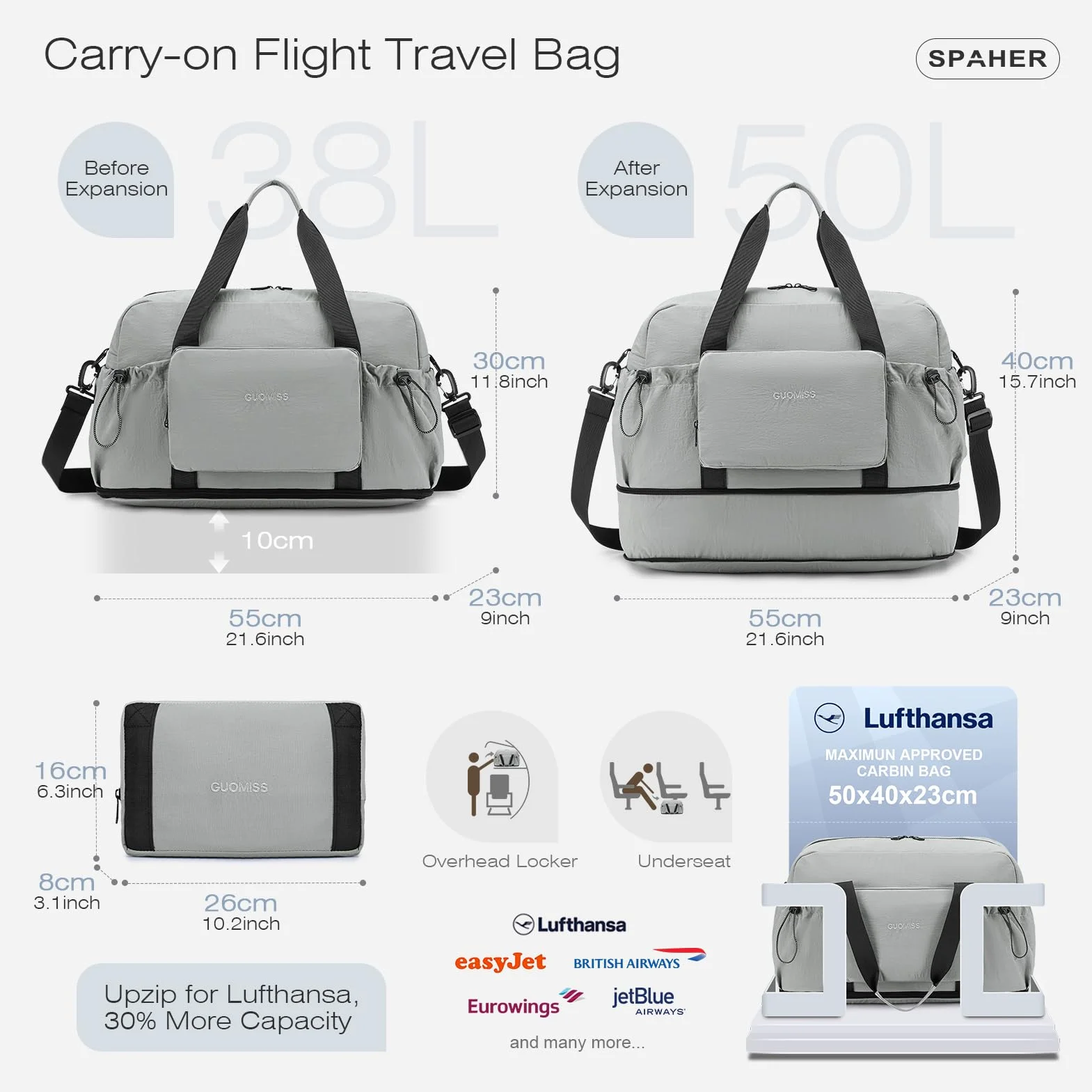 SPAHER 50L Rozszerzalny Duża Torba Podróżna Ręczny 55x40x23 Lufthansa Wizzair Bagaż Podręczny Kobiet Mężczyzn Składany Sportowa Weekendowa Torba Samolotu Fitness Wodoodporn Z kosmetyczką