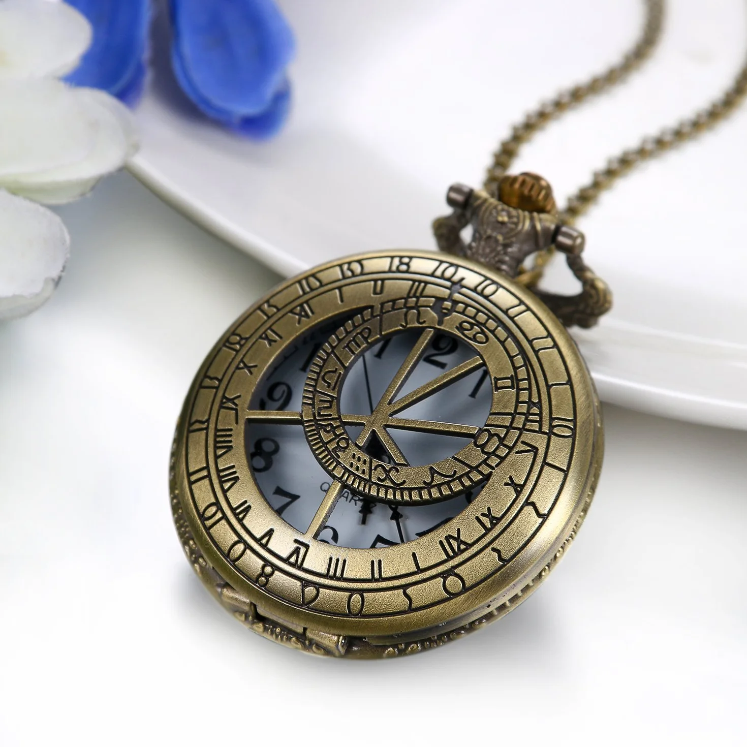 JewelryWe Prezent na Dzień Ojca, męski zegarek kieszonkowy, retro, Royal Flush, kwiaty, dzwonek, motocykl, analogowy, kwarcowy, wisiorek, brąz, prezent dla mężczyzn
