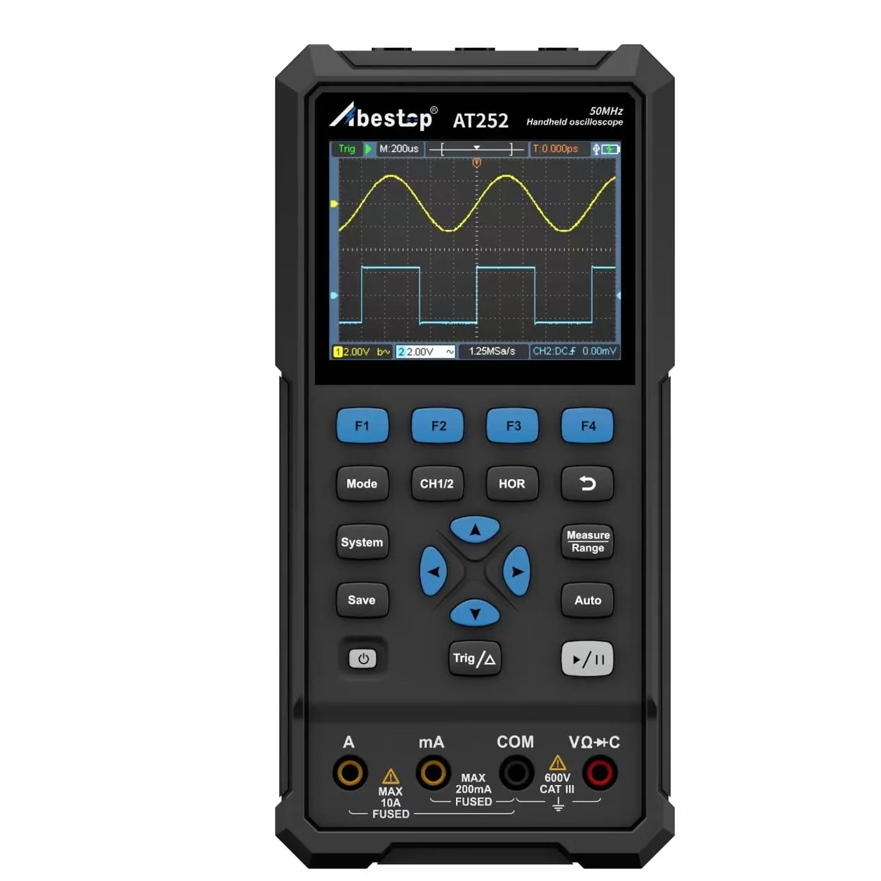 Abestope AT252 50MHz Bandwidth Oscilloscope Handheld Digital 2 in 1 Oscilloscope + Multimeter with 2 Channels and 3.5 inch LCD