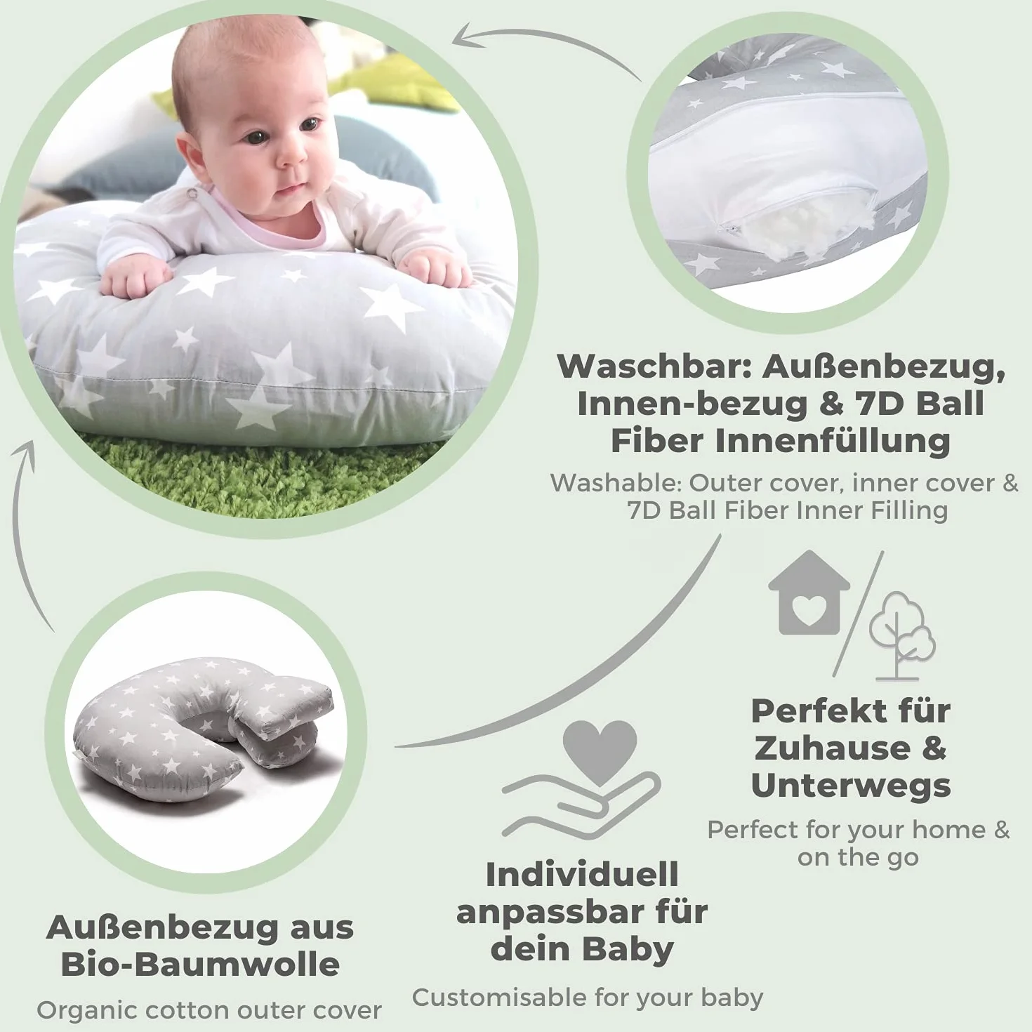 Poduszka do karmienia BIO-Bawełna OEKO-TEX® - Rogal do karmienia - Poduszka dla niemowląt - Pouszka dla matki karmiącej - szara