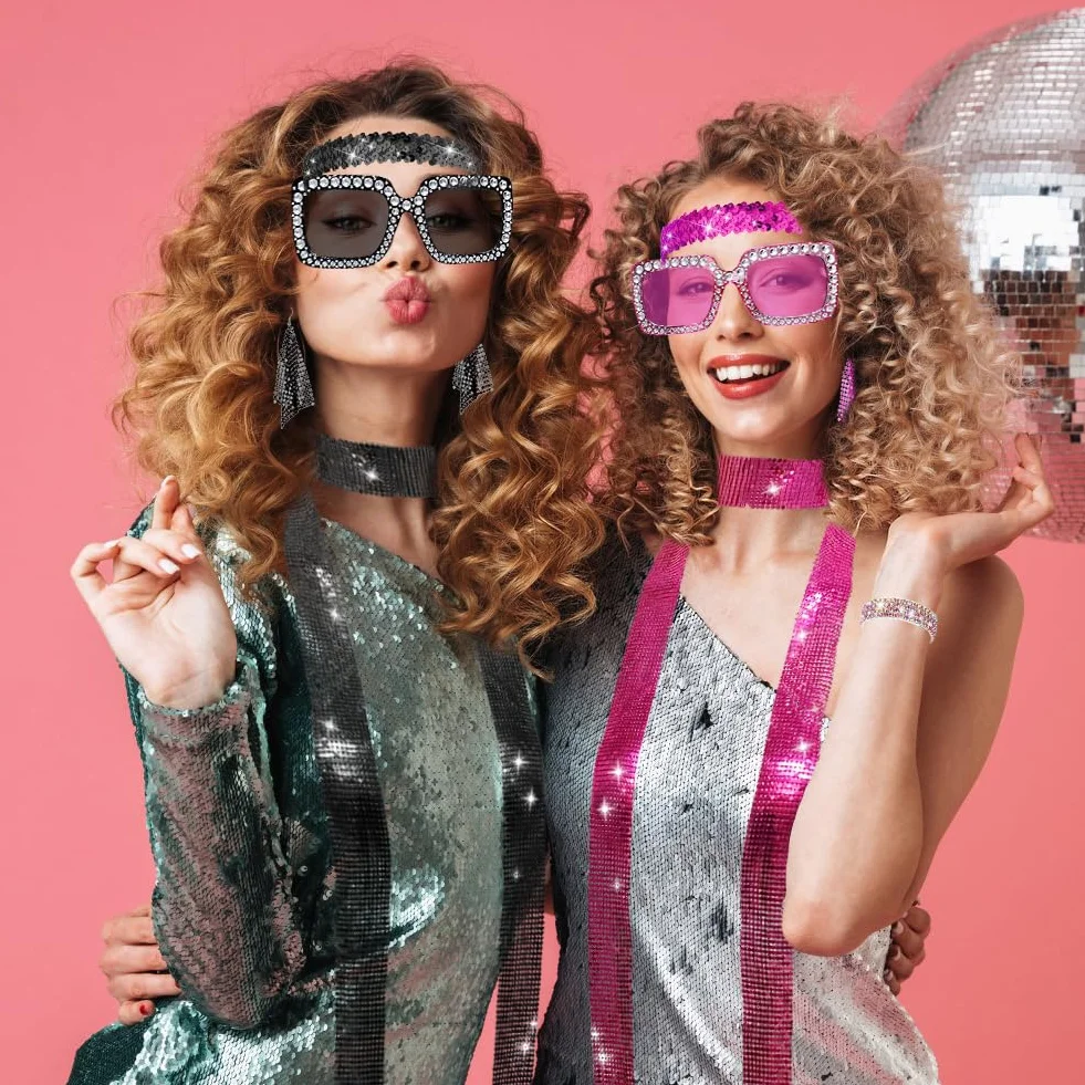 Strój Disco damski 5 sztuk, strój na imprezę 80-tych, cekinowy szalik kolczyki, okulary przeciwsłoneczne bransoletka i opaska na czoło akcesoria lat 80-70s 80s dyskoteka tematyczna impreza