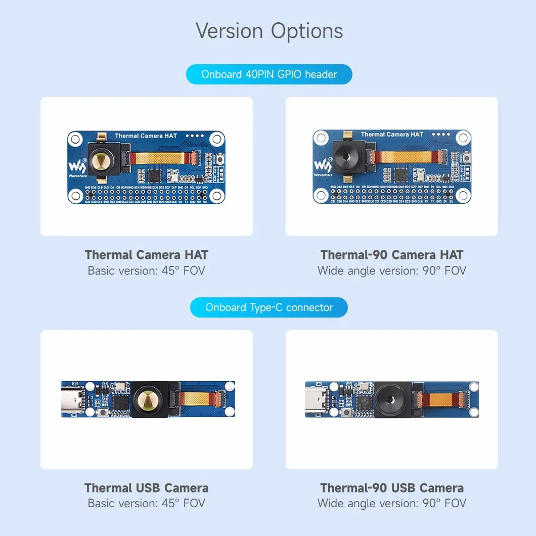 Waveshare Long-Wave IR Thermal Imaging Camera Module, 80×62 Pixels, 45°FOV, Available with 40PIN GPIO Header