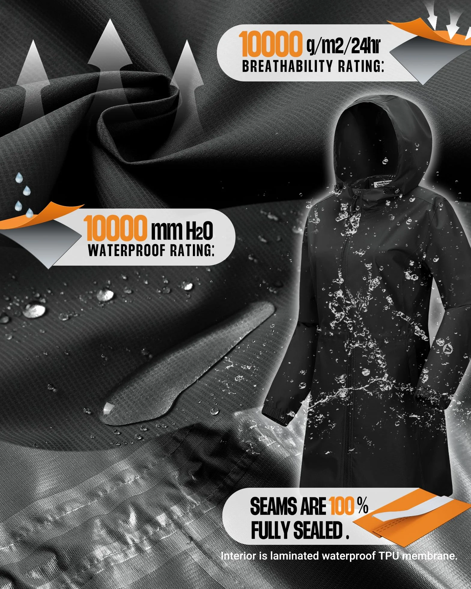 Outdoor Ventures Damska wodoodporna kurtka przeciwdeszczowa, długa, wiatrówka, kurtka przejściowa, lekka, oddychająca, kurtka outdoorowa, Raincoat parka przeciwdeszczowa z kapturem