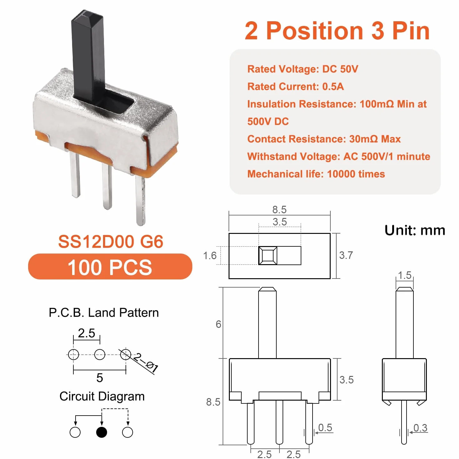 100 Sztuk SS12D00G6 Miniaturowy Przełącznik Suwakowy, 1P2T SPDT 3-Stykowy 2-Pozycyjny DC 50 V 0.5 A Przełączniki Suwakowe, do Elektronicznych Zabawek, Opraw Oświetleniowych