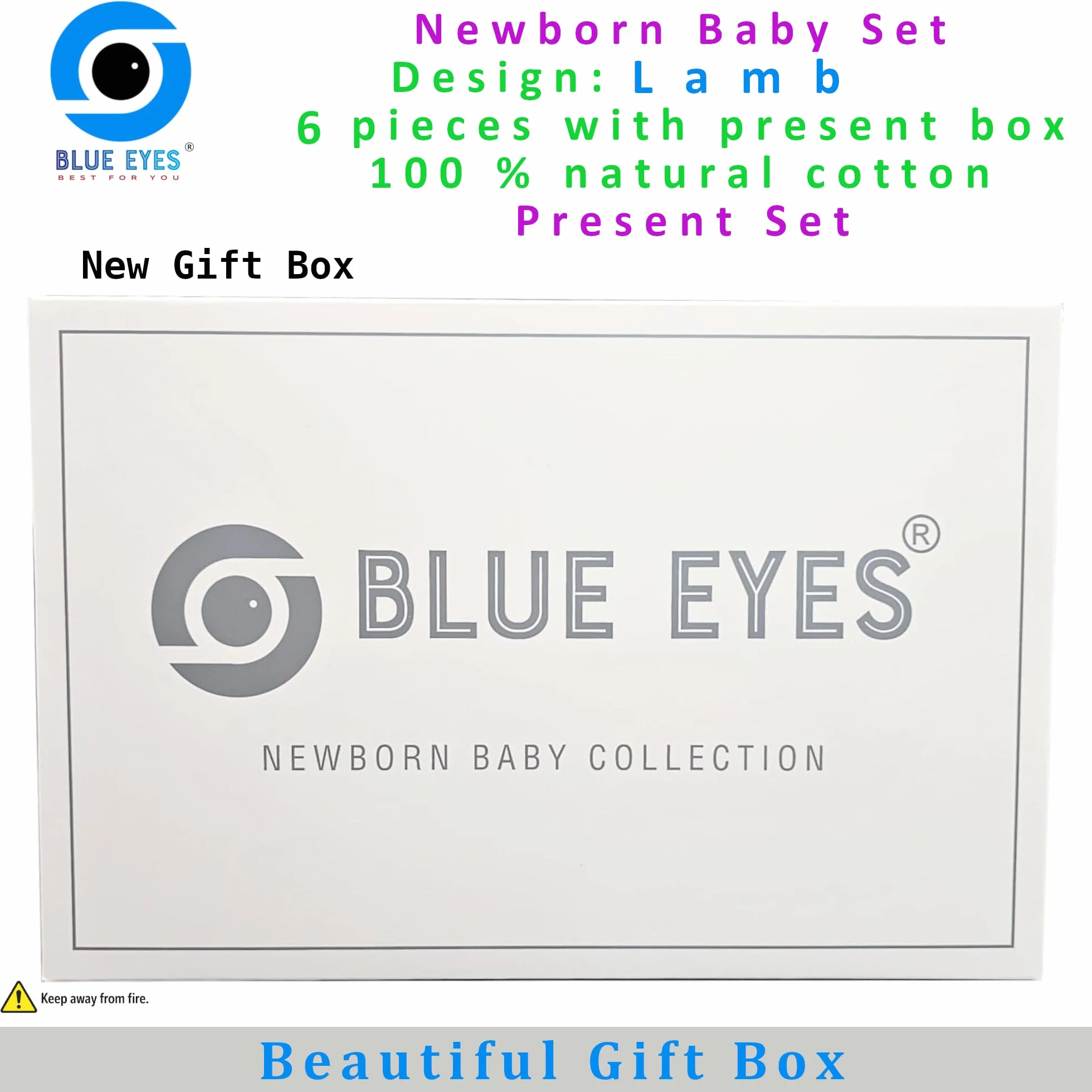 Blue Eyes Zestaw prezentowy dla noworodków – 6-częściowy komplet pierwszego wyposażenia z 100% naturalnej bawełny, certyfikat Oeko-Tex, miękki zestaw unisex dla niemowląt 0–4 miesiące (Jagnięce)