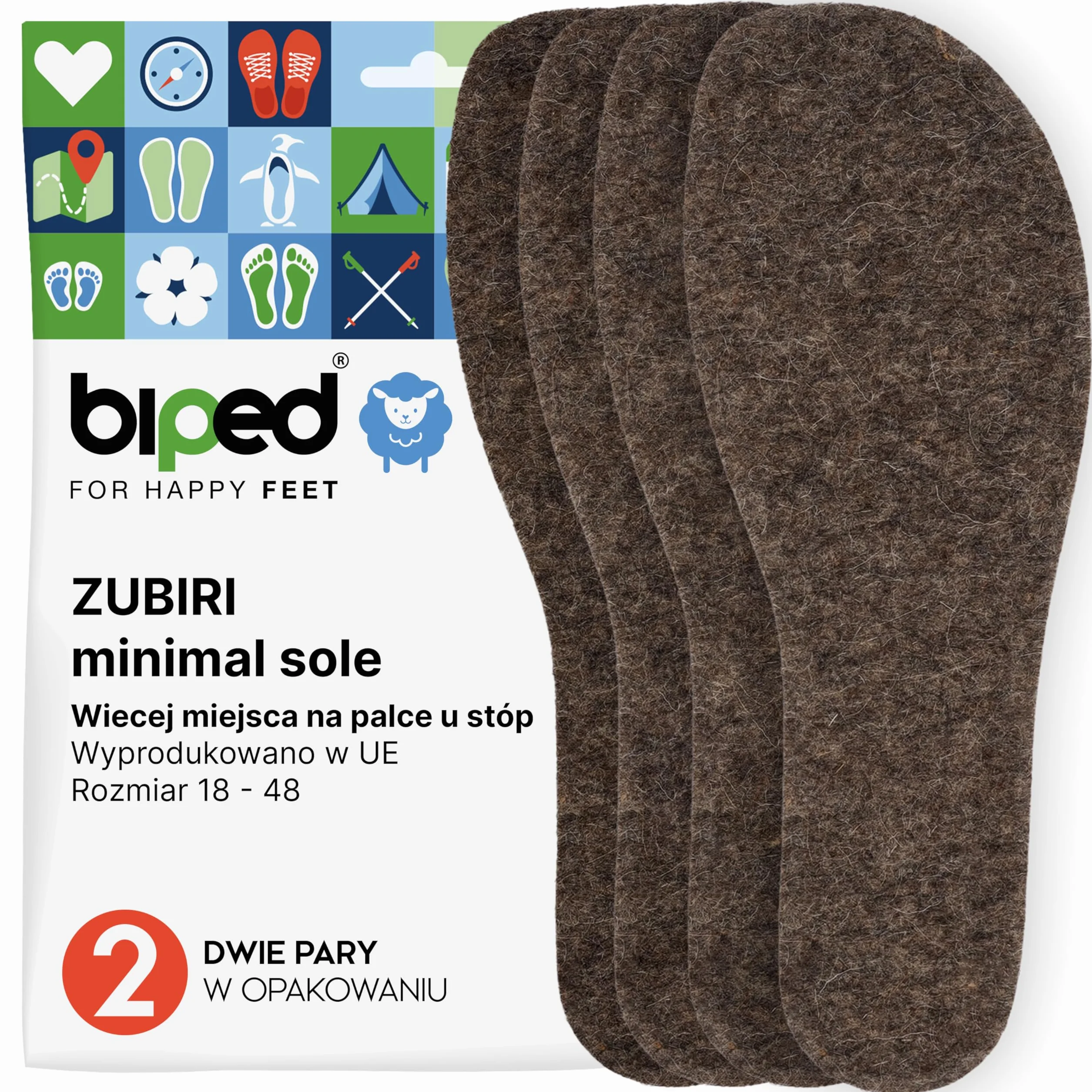 biped minimal sole ZUBIRI - 2 pary wkładek do butów barefoot - wkładki z prawdziwego filcu wełnianego - pasują do butów minimalistycznych dla dorosłych i dzieci(42)