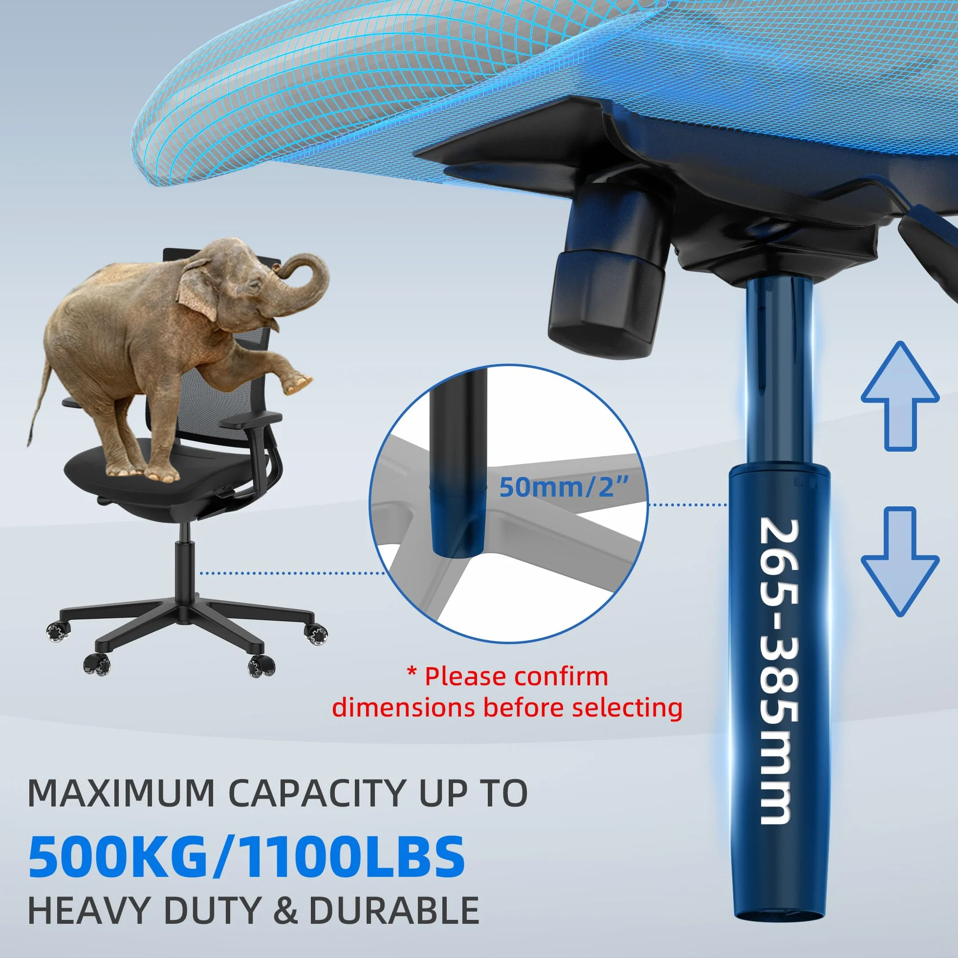 WEWILL Sprężyna gazowa do krzeseł biurowych, zapasowa, obciążenie do 500 kg, z regulacją wysokości, średnica 50 mm, czarna, 265-385 mm