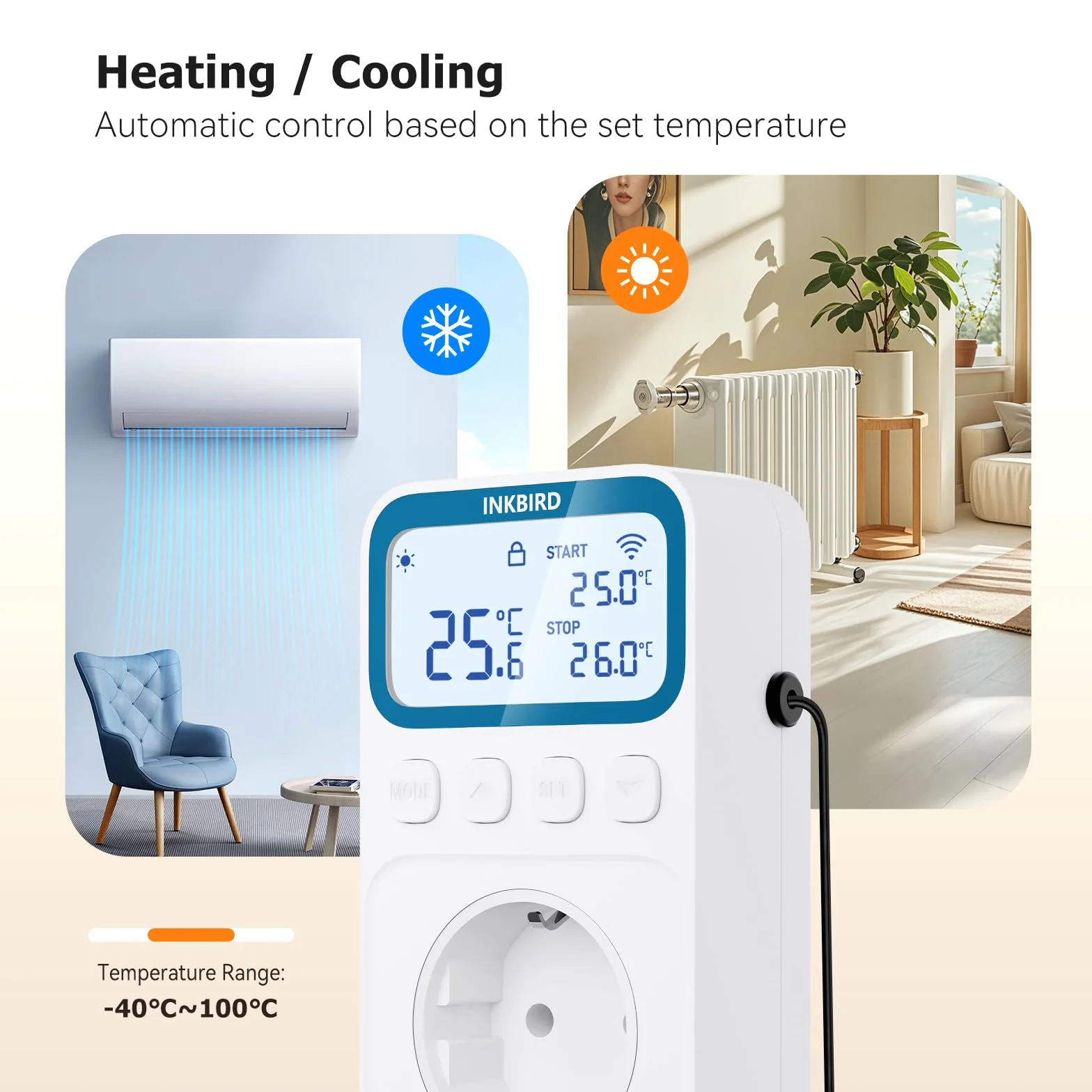 Inkbird ITC-C236T Termostat wtykowy WiFi 16A, 10 w 1 programowalny regulator temperatury ogrzewania i chłodzenia z kontrolą temperatury, kontrolą czasu i alarmem wysokiej/niskiej temperatury