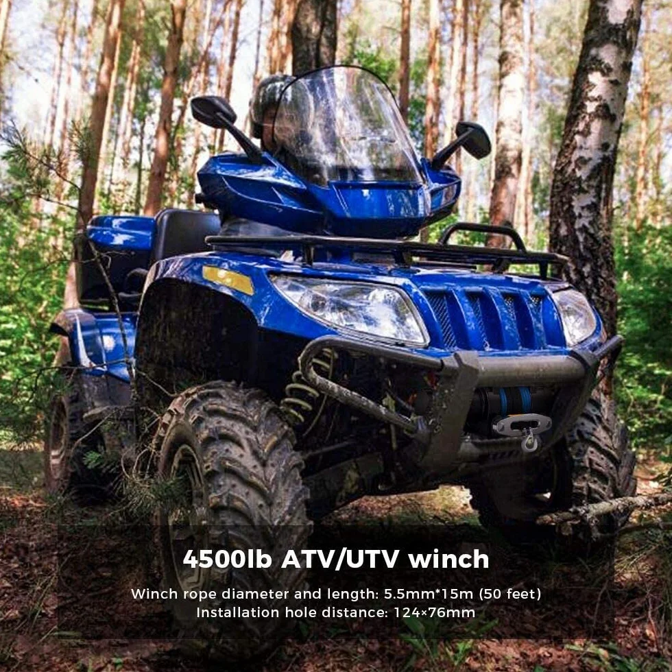 Anbull Wciągarka elektryczna 12 V, 4500 lbs/2045 kg, linka syntetyczna, wodoszczelna zgodnie z IP67, linka nylonowa, z uchwytem montażowym i pilotem zdalnego sterowania, kompatybilna z ATV UTV