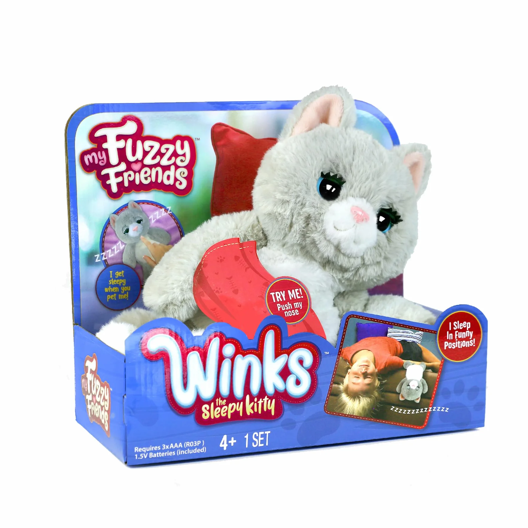 My Fuzzy Friends - Winks Śpiący Kot, interaktywna zabawka dla zwierząt, śpiący kot, reakcje i dźwięki, miękkie, miękkie i elastyczne, dla dzieci od 4 lat, słynny (MYE00111)