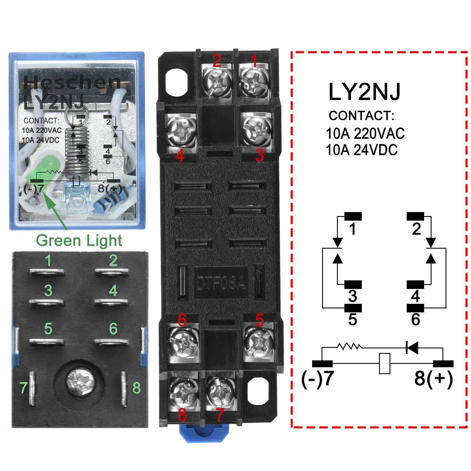 Heschen Przekaźnik uniwersalny LY2NJ, cewka 12 VDC, 10 A 24 VDC/220 VAC, DPDT, wyświetlacz LED, z podstawą cokołu
