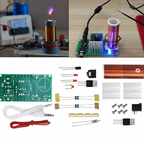 Cewka Tesli Zestaw do samodzielnego montażu, DC 15-24V 2A Mini muzyka Cewka Tesli Zestawy do samodzielnego montażu Moduł cewki Tesli Głośnik plazmowy niezmontowany Mini zestaw elektroniki do majsterkowania Narzędzie 15W, model eksperymentalny do ćwiczeń b