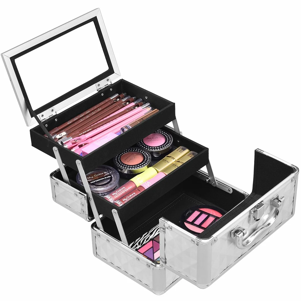 COSTWAY kuferek kosmetyczny Beauty Case z lustrem, srebro, 23 x 15 x 18cm